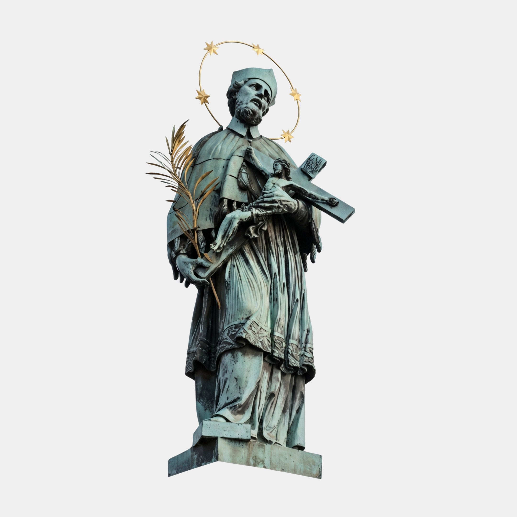 Monumental Classical Robed Saint Bronze Sculpture by Giant Sculptures, 450cm, with verdigris patina, gold star halo, gilded palm frond, and crucifix held to chest.