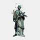 Monumental Classical Robed Saint Bronze Sculpture by Giant Sculptures, 450cm, with verdigris patina, gold star halo, gilded palm frond, and crucifix held to chest.
