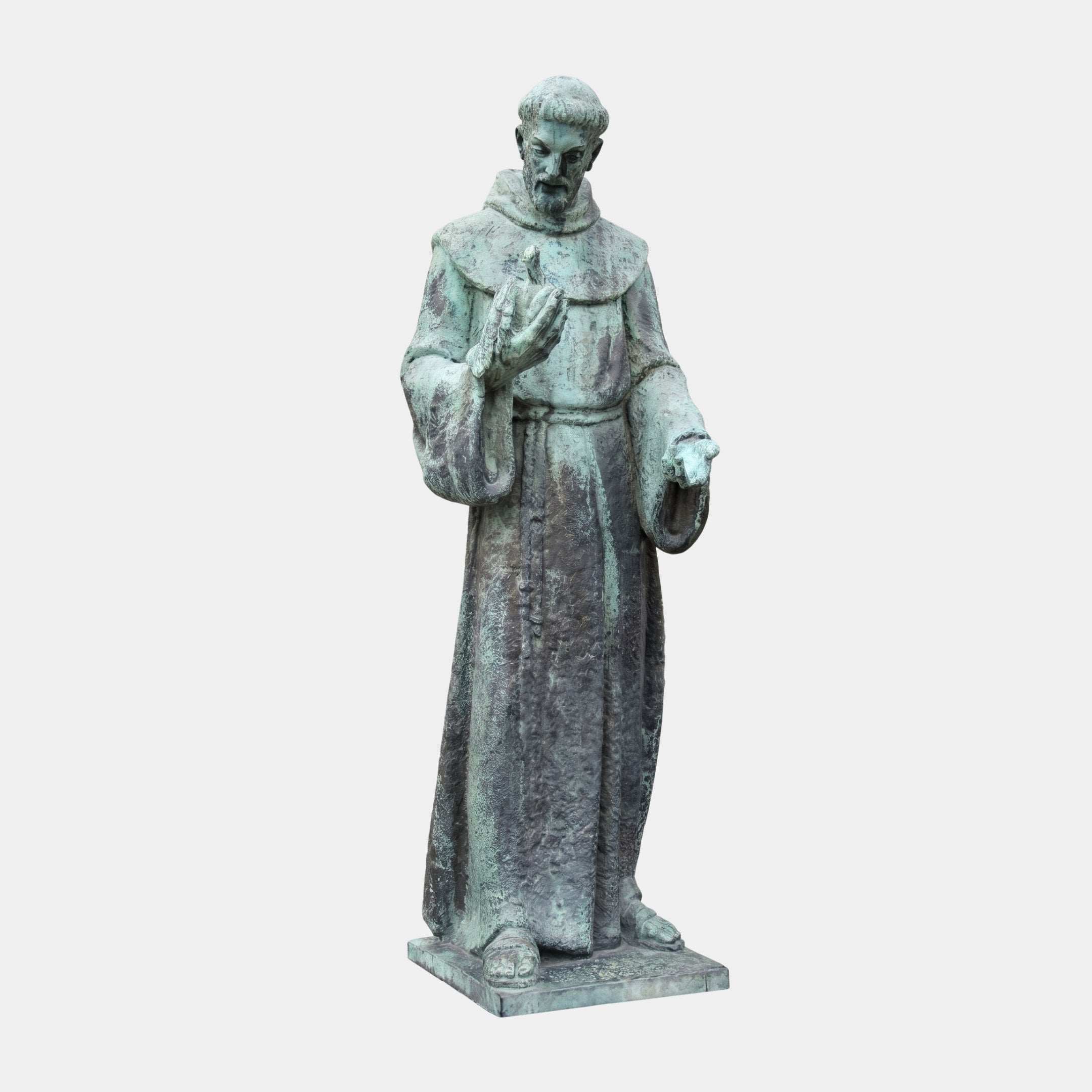 Monumental Classical Robed Saint Bronze Statue by Giant Sculptures, 300cm figure in Franciscan habit with verdigris patina on a stone plinth, plain background.