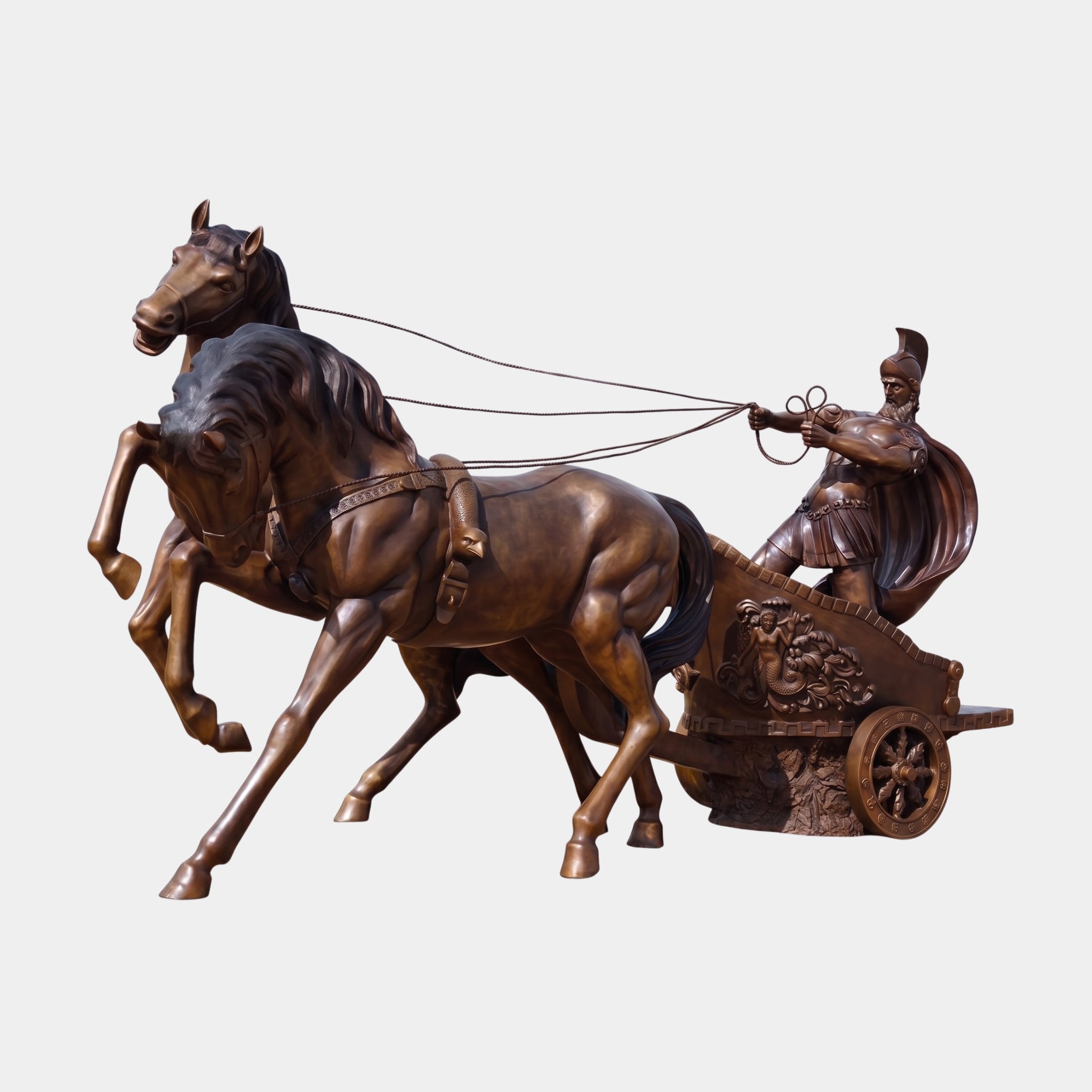 Giant Sculptures' Monumental Classical Roman Chariot with Warrior and Horses Bronze Sculpture, 350cm, side view in warm reddish-brown patina on a plain background.