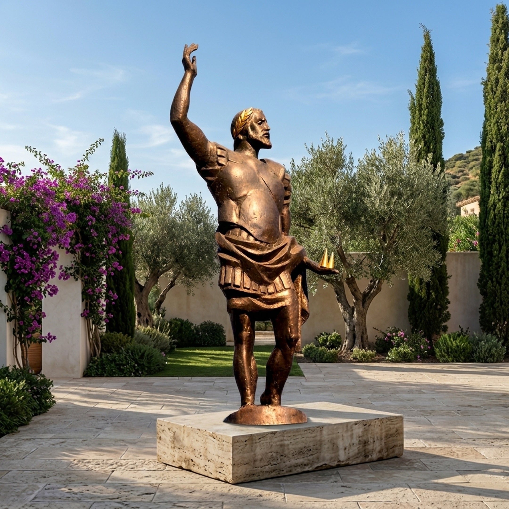 Monumental Classical Roman Warrior Bronze Statue by Giant Sculptures on a stone plinth in a Mediterranean garden with cypress trees and bougainvillea.