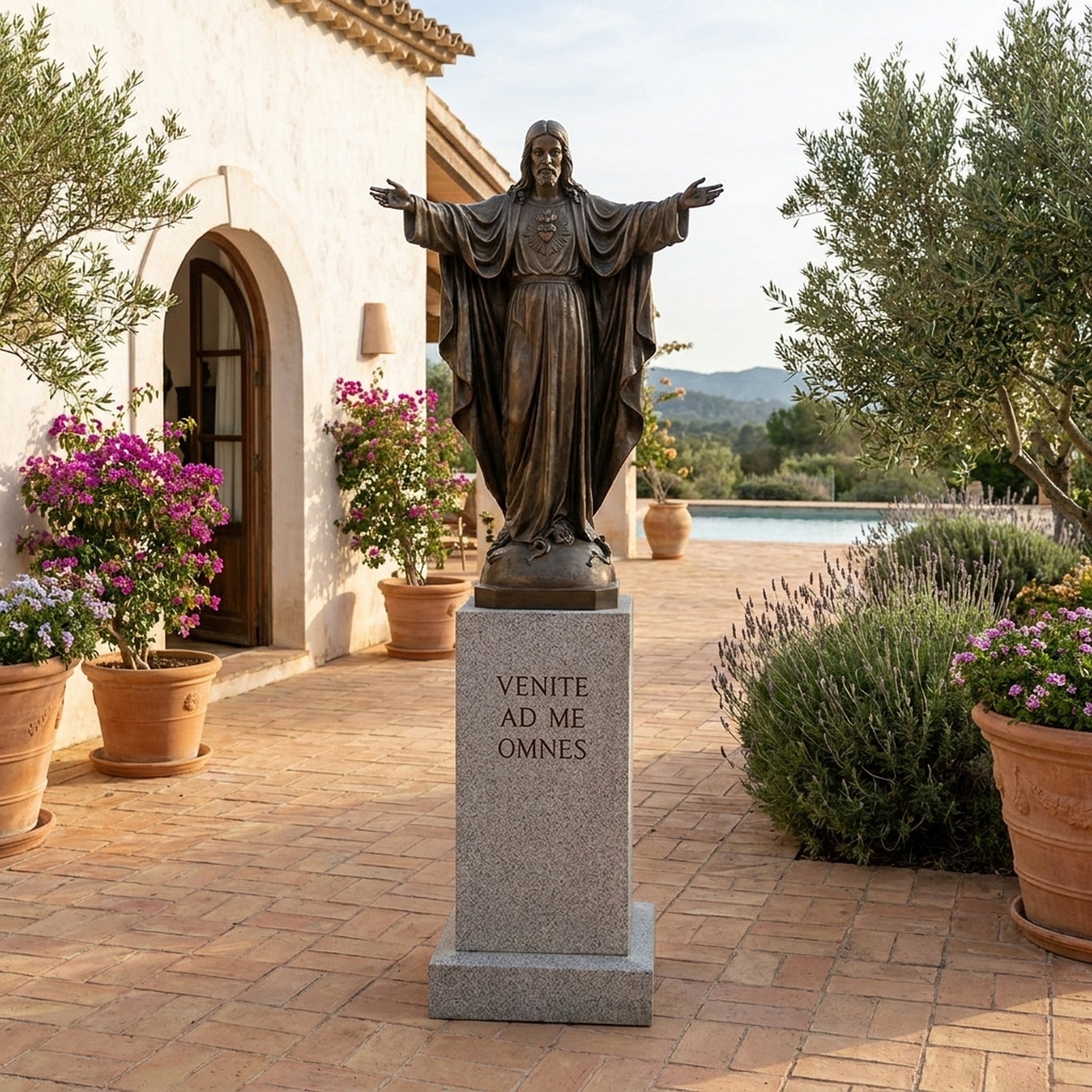 Monumental Classical Sacred Heart Jesus Bronze Statue by Giant Sculptures on a granite pedestal inscribed "Venite Ad Me Omnes" in a Mediterranean courtyard.