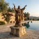 Monumental Classical Sacred Heart Jesus Bronze Statue by Giant Sculptures in golden-brown patina with arms raised, on a stone plinth beside an infinity pool.