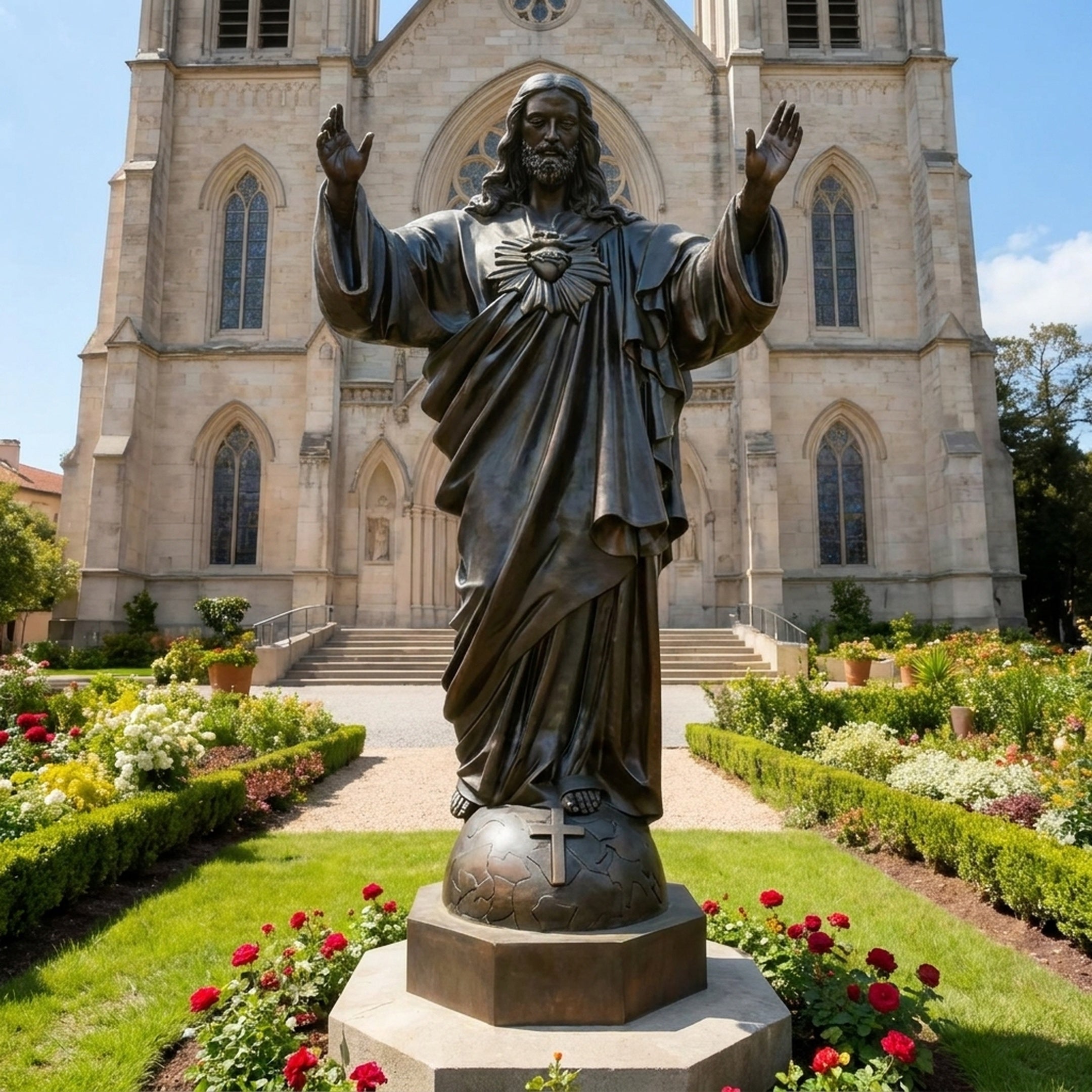 Giant Sculptures Monumental Classical Sacred Heart of Jesus Bronze Statue 400cm, arms raised in blessing atop a globe with cross, set in a cathedral garden.