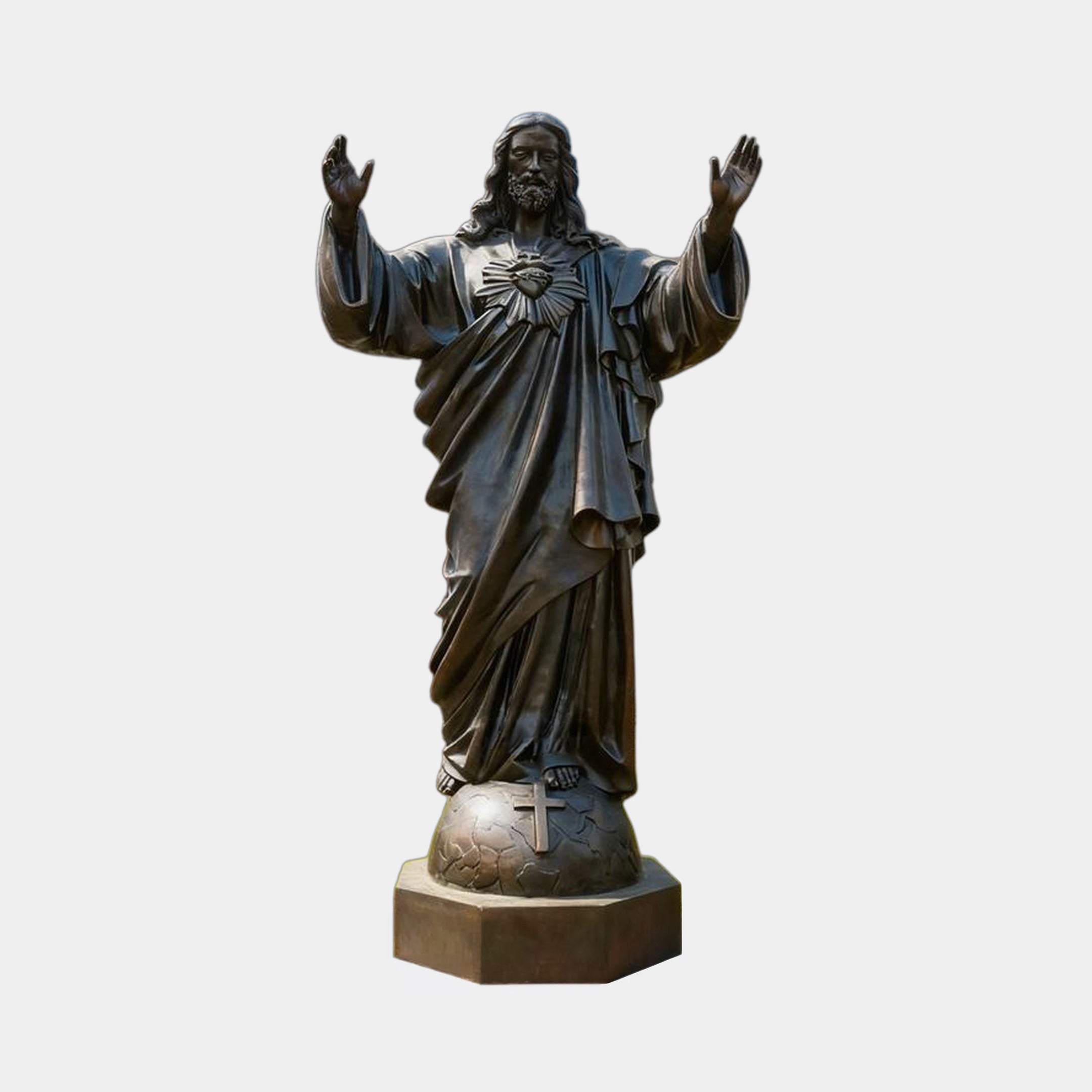 Giant Sculptures' Monumental Classical Sacred Heart of Jesus Bronze Statue 400cm, arms raised in blessing, dark patina, on a globe with cross, plain background.
