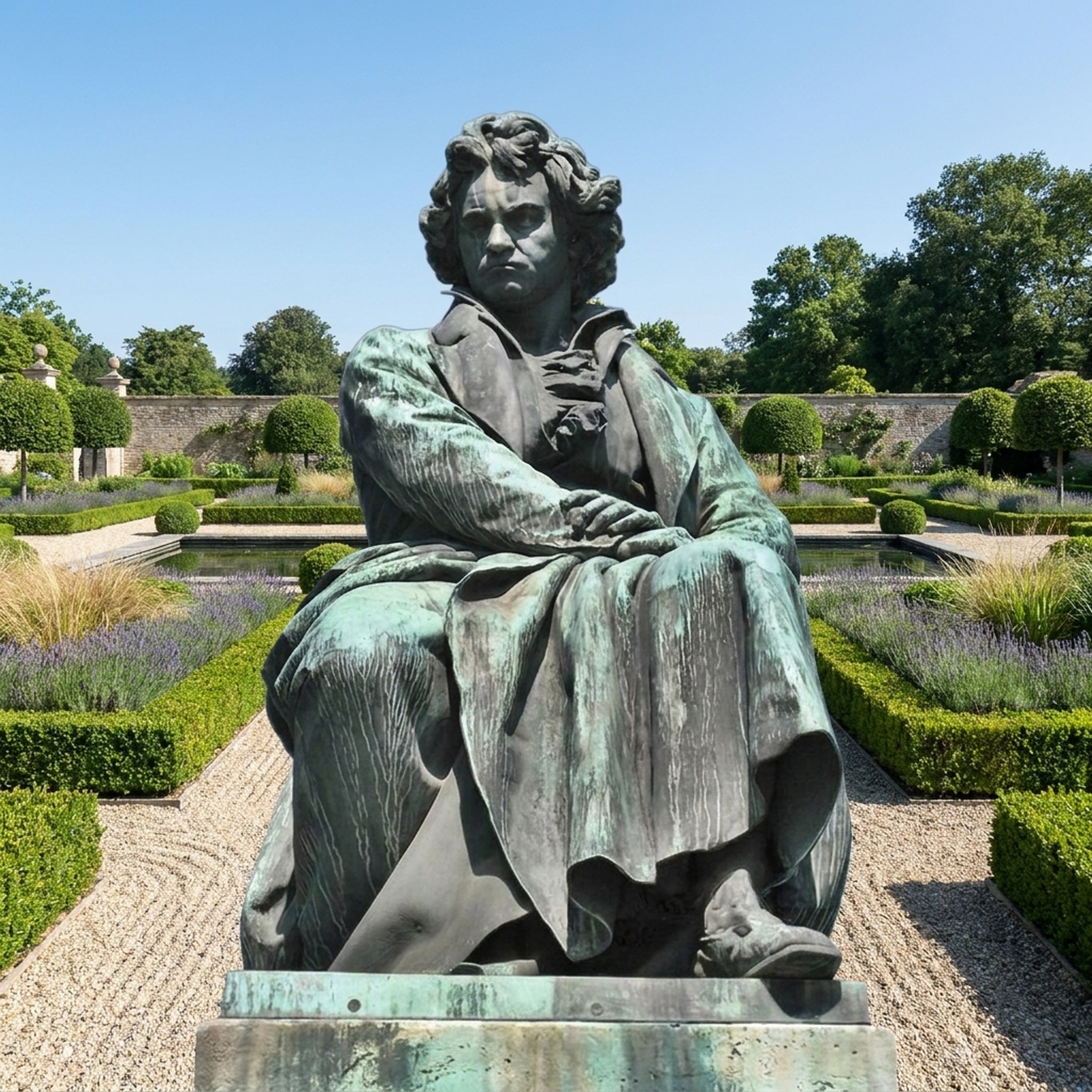 Monumental Classical Seated Male Figure Bronze Sculpture by Giant Sculptures, 400cm, verdigris patina, shown seated in contemplation in a formal lavender garden.