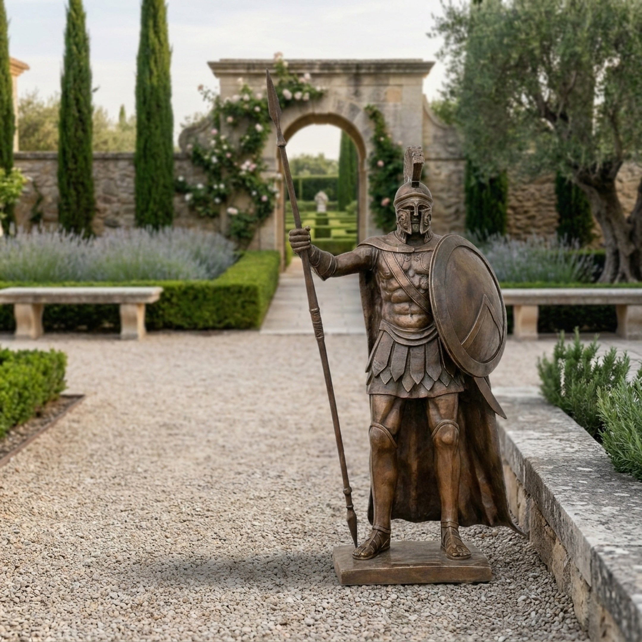 Monumental Classical Spartan Warrior Bronze Sculpture by Giant Sculptures, 250cm hoplite with spear and shield, displayed on a gravel garden path.