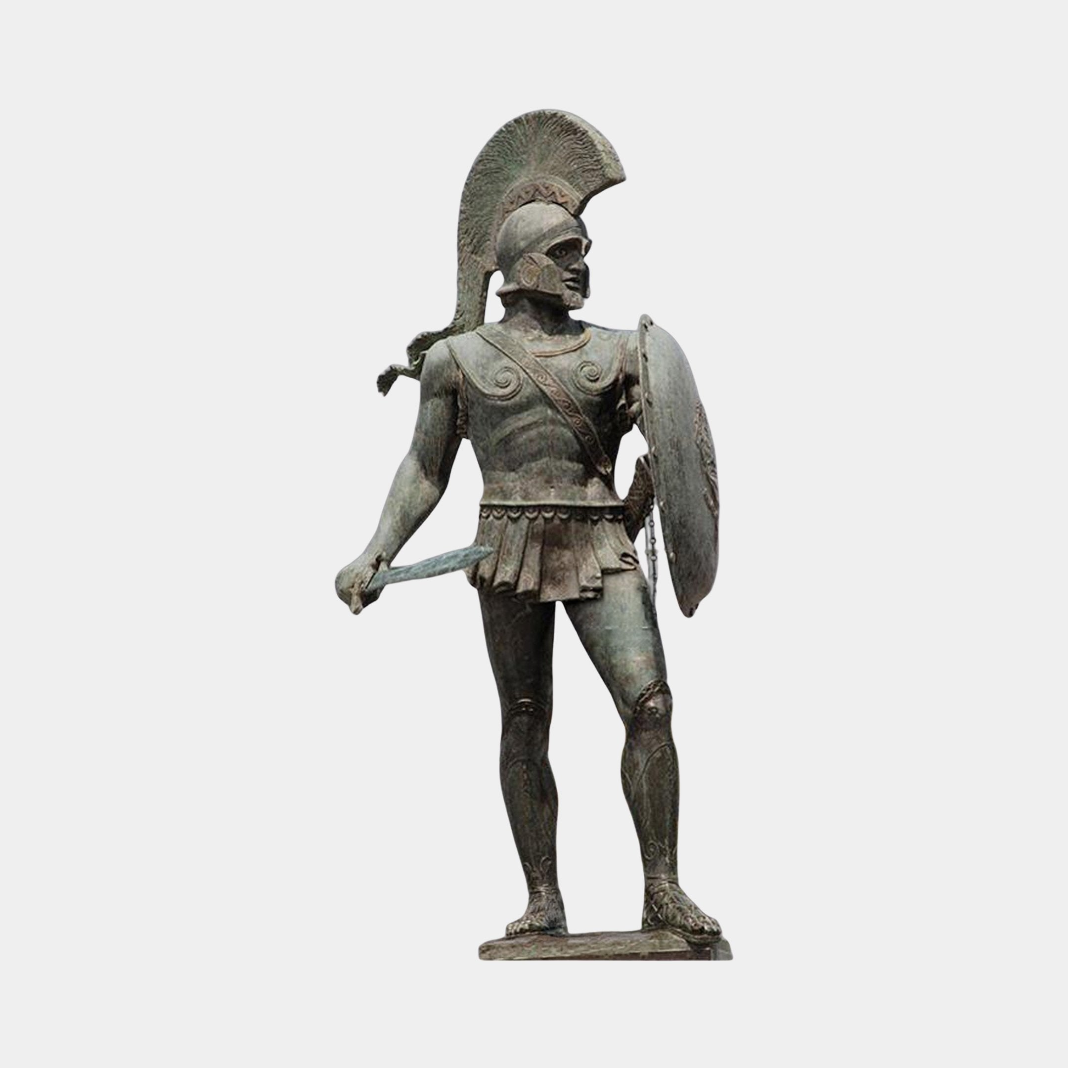 Monumental Classical Spartan Warrior Bronze Statue by Giant Sculptures, 300cm figure in crested helmet with shield and lowered sword, verdigris patina, plain background.