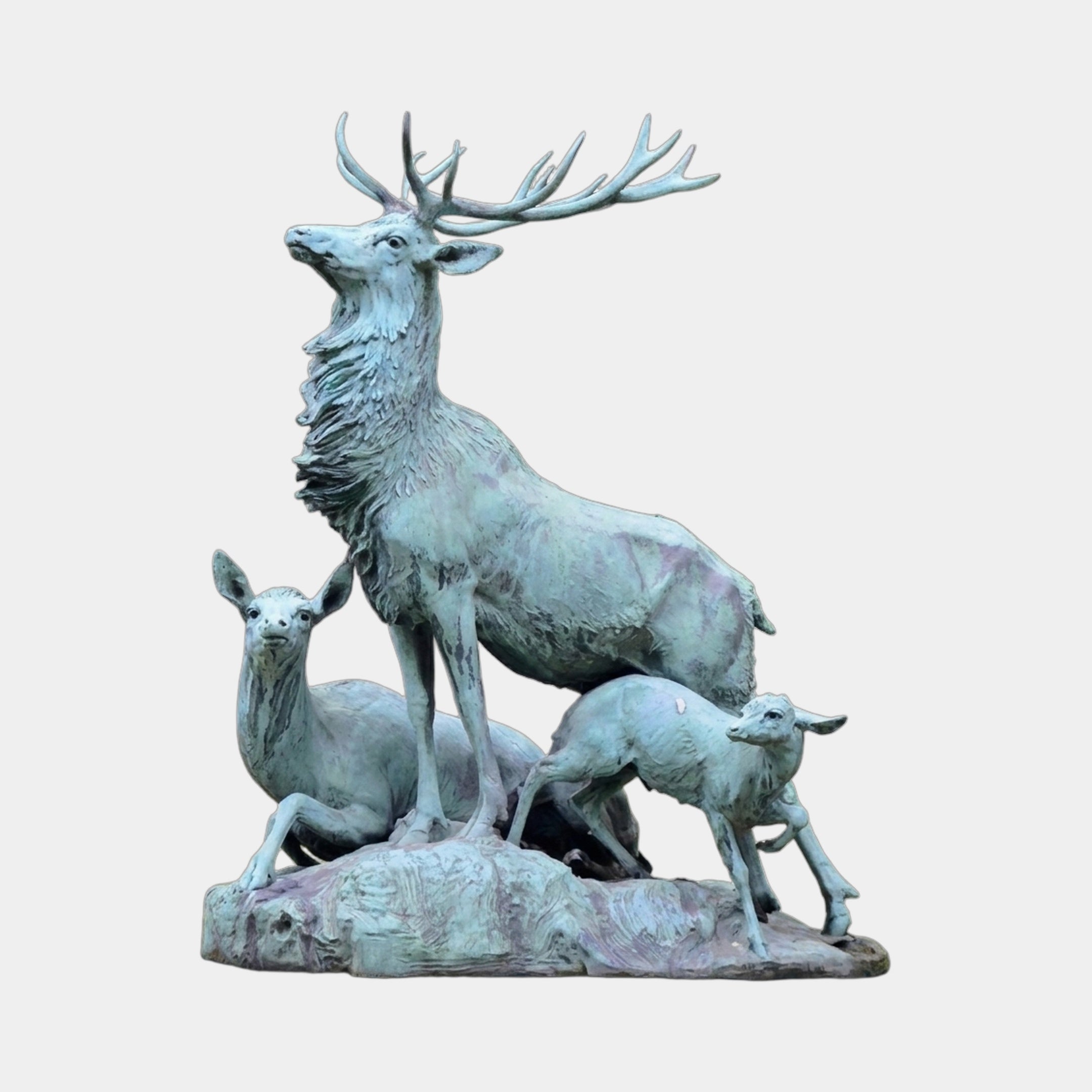 Monumental Classical Stag Doe and Fawn Bronze Sculpture 250cm by Giant Sculptures, verdigris patina deer family on rocky base, plain background.