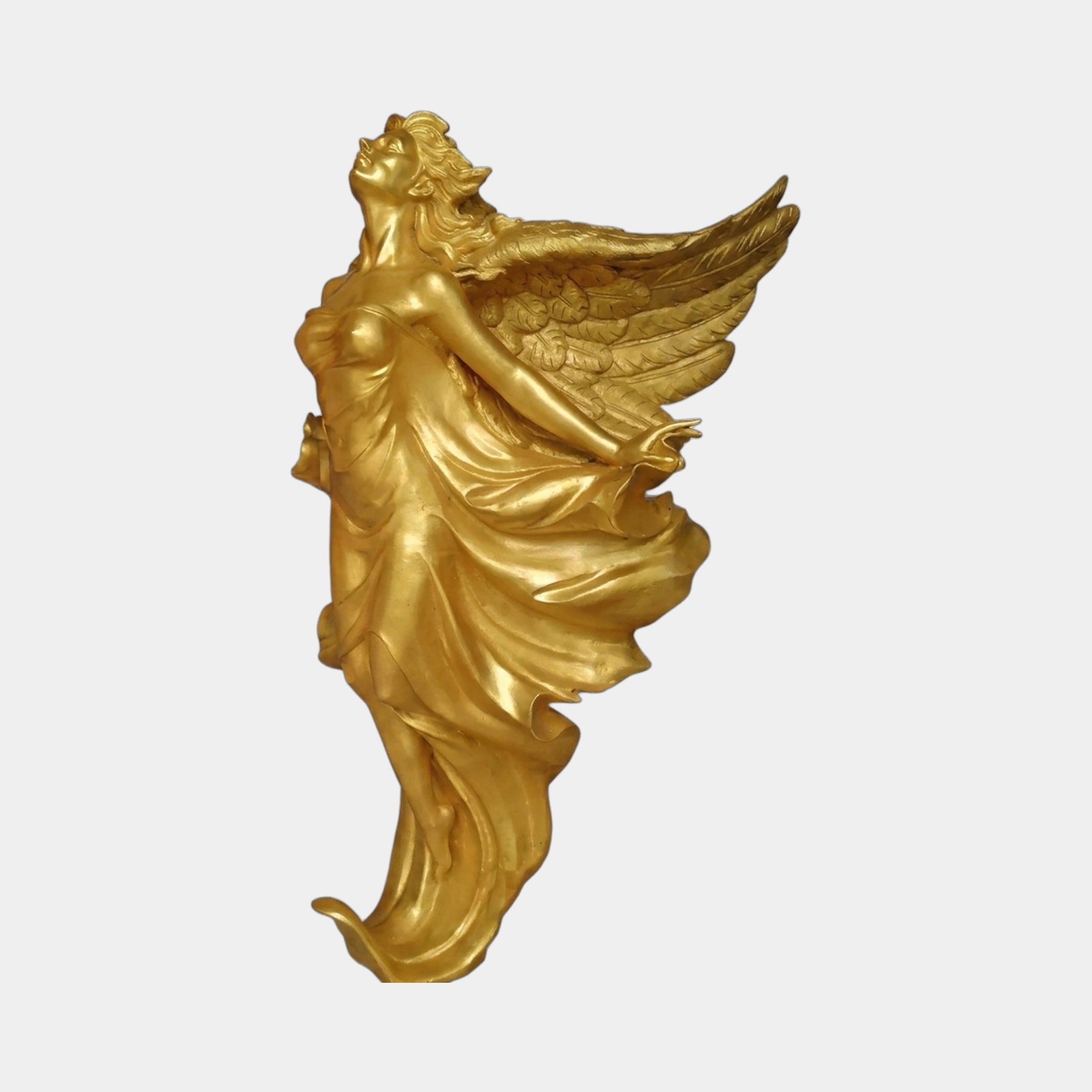 Side view of Giant Sculptures' Monumental Classical Standing Angel Bronze Sculpture in gold patina, wings spread and robes flowing, shown against a plain light background.
