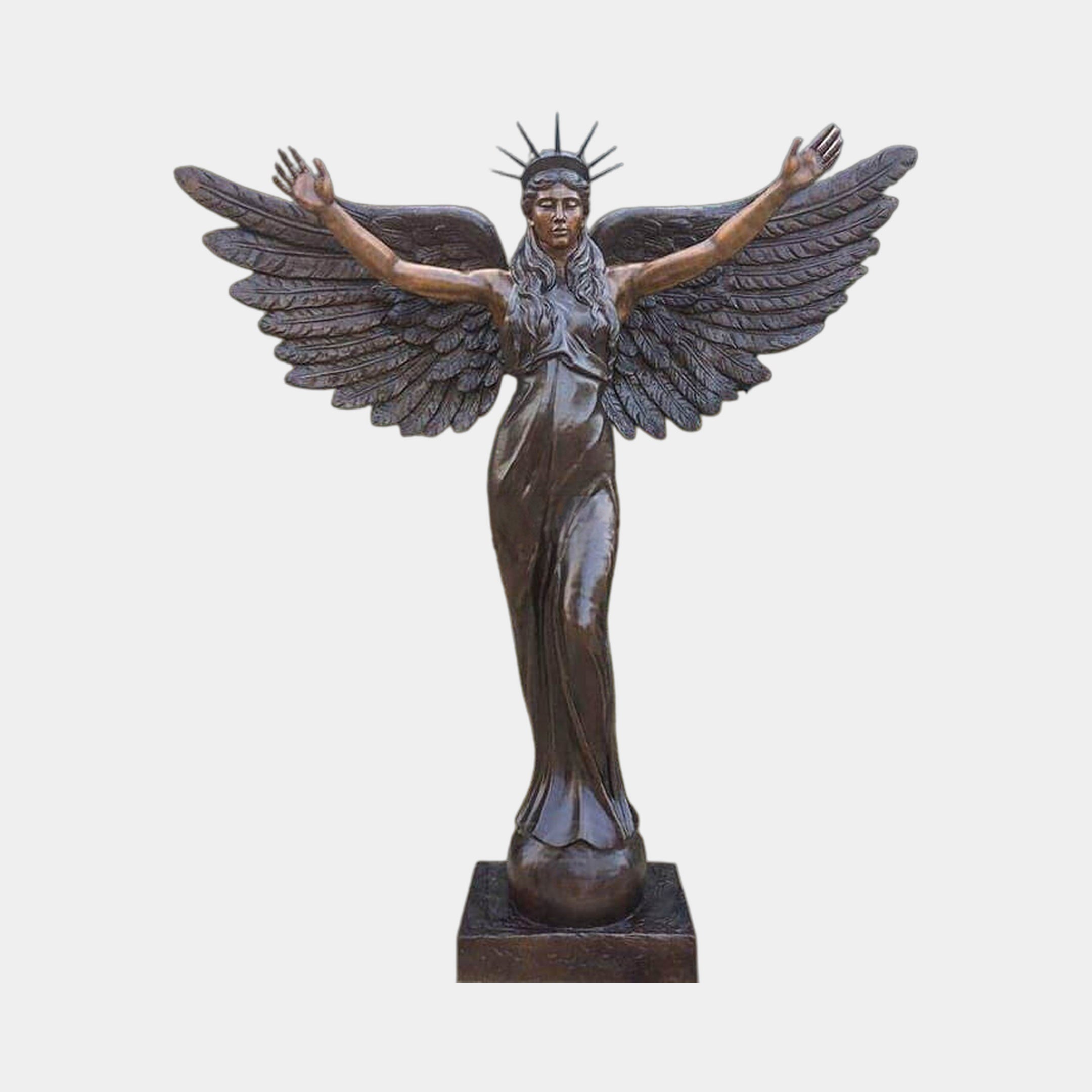 Giant Sculptures Monumental Classical Standing Angel Bronze Sculpture 250cm, winged figure with arms raised and spiked crown, warm brown patina, on plain grey.