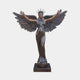Giant Sculptures Monumental Classical Standing Angel Bronze Sculpture 250cm, winged figure with arms raised and spiked crown, warm brown patina, on plain grey.