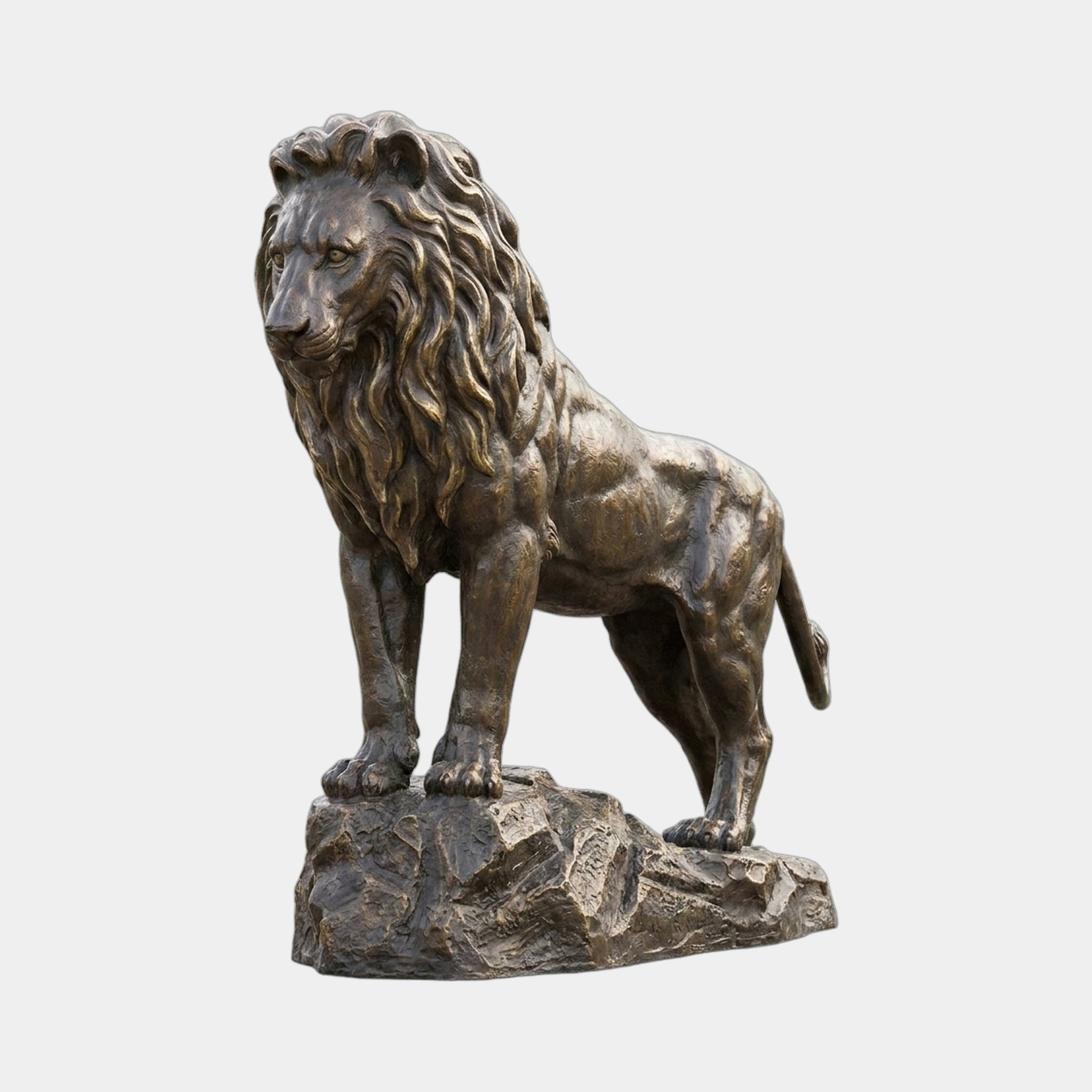 Monumental Classical Standing Lion Bronze Sculpture by Giant Sculptures, 200cm, shown in side profile on a rocky base with warm antique bronze patina.