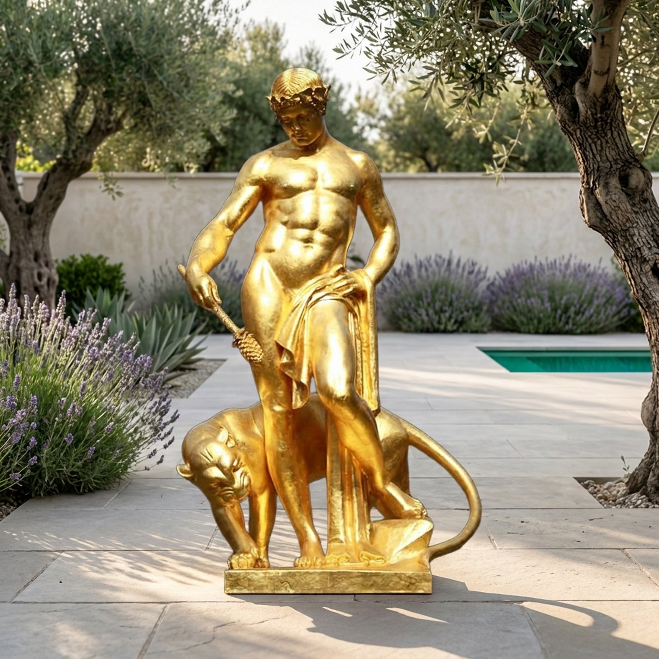 Monumental Classical Standing Male Figure and Leopard Bronze Sculpture in gold-polished finish, displayed on a sunlit patio with lavender, olive trees, and a pool.
