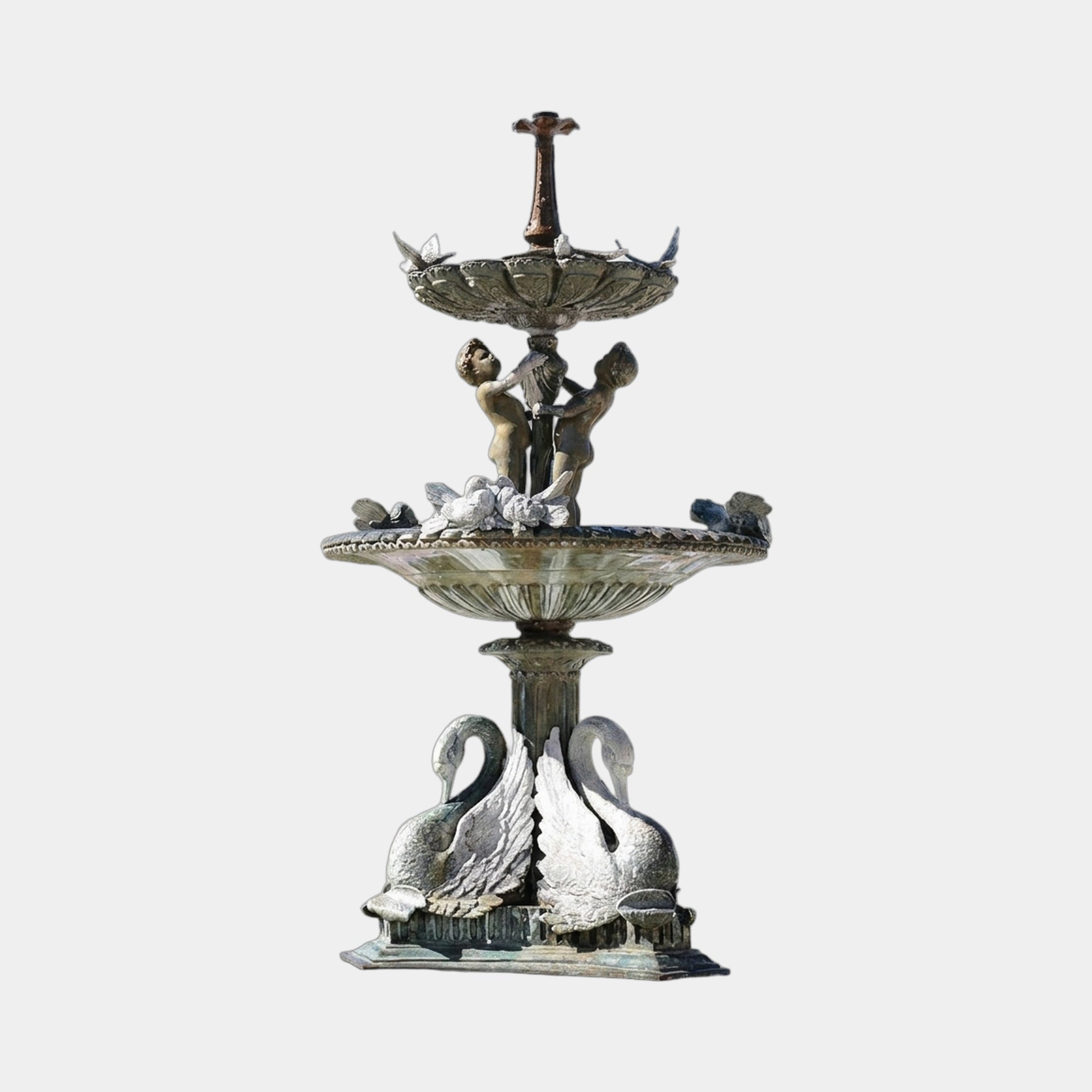 Monumental Classical Swan and Cherub Bronze Fountain by Giant Sculptures, three-tier verdigris design with swans at the base, cherubs mid-tier, and spire finial.