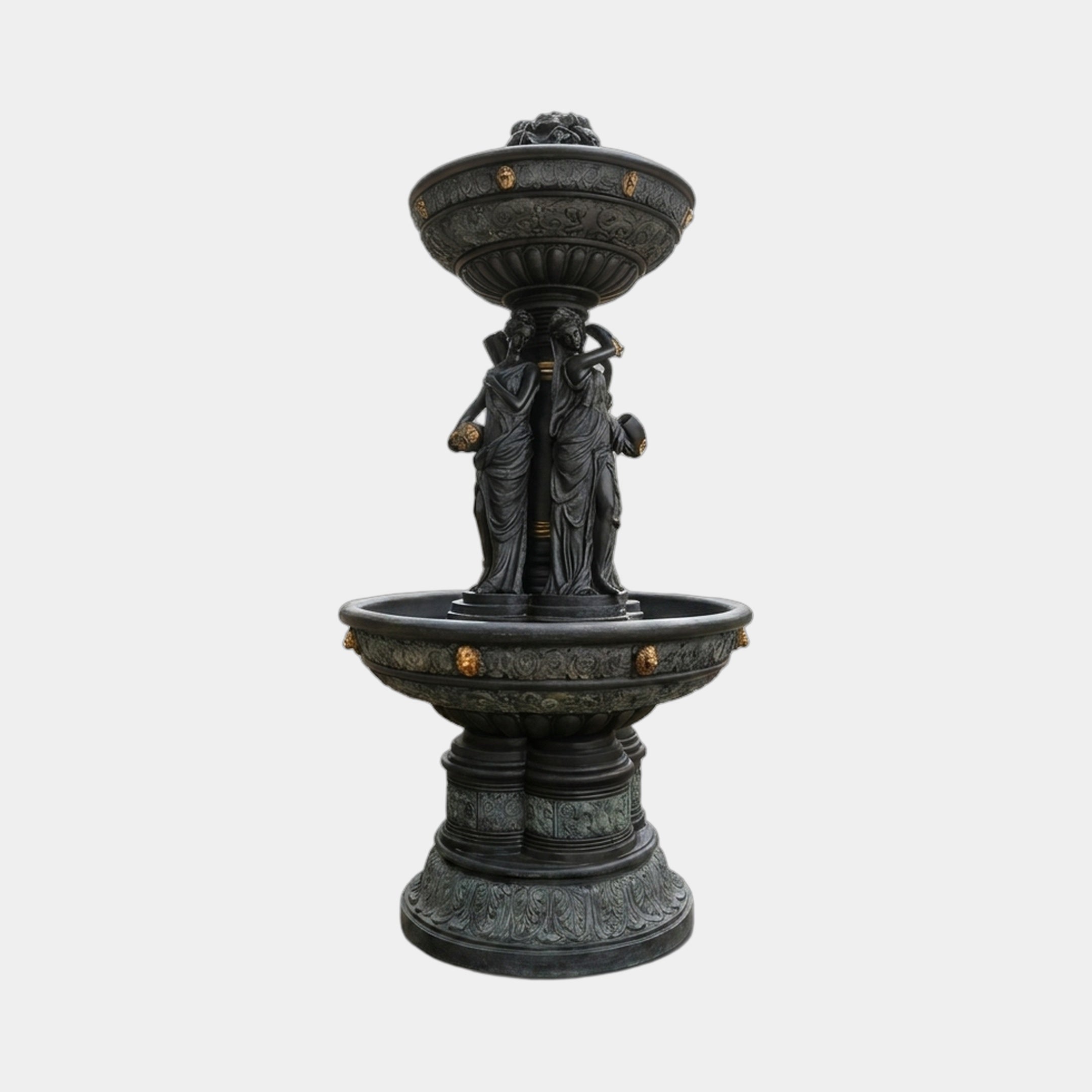 Giant Sculptures Monumental Classical Three Caryatid Figure Bronze Fountain in antiqued black with gold lion-head accents, tiered basins and floral finial, on a plain background.