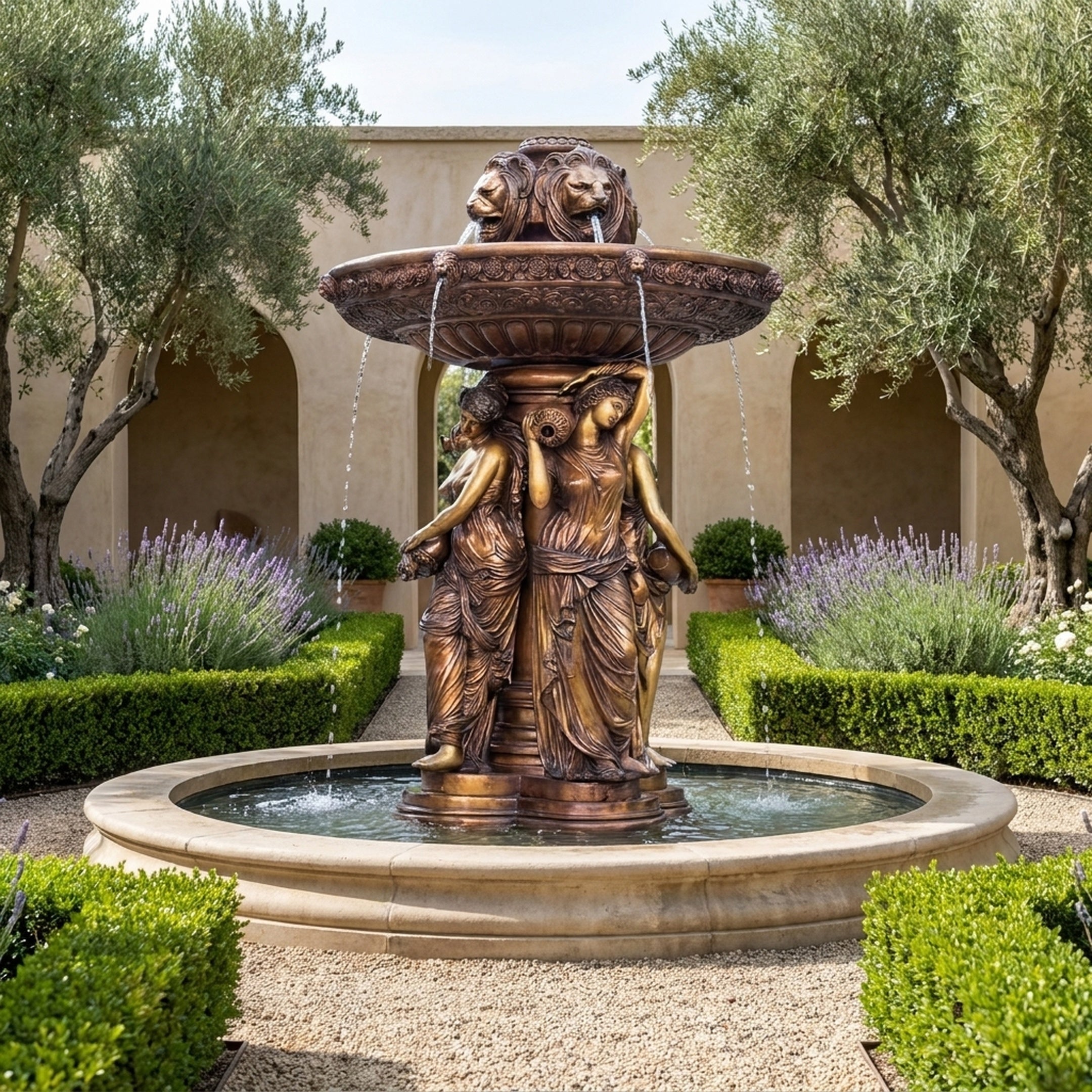 Monumental Classical Three Figures Fountain in bronze by Giant Sculptures, with draped caryatids, lion-head spouts and fluted basin in a lavender courtyard garden.