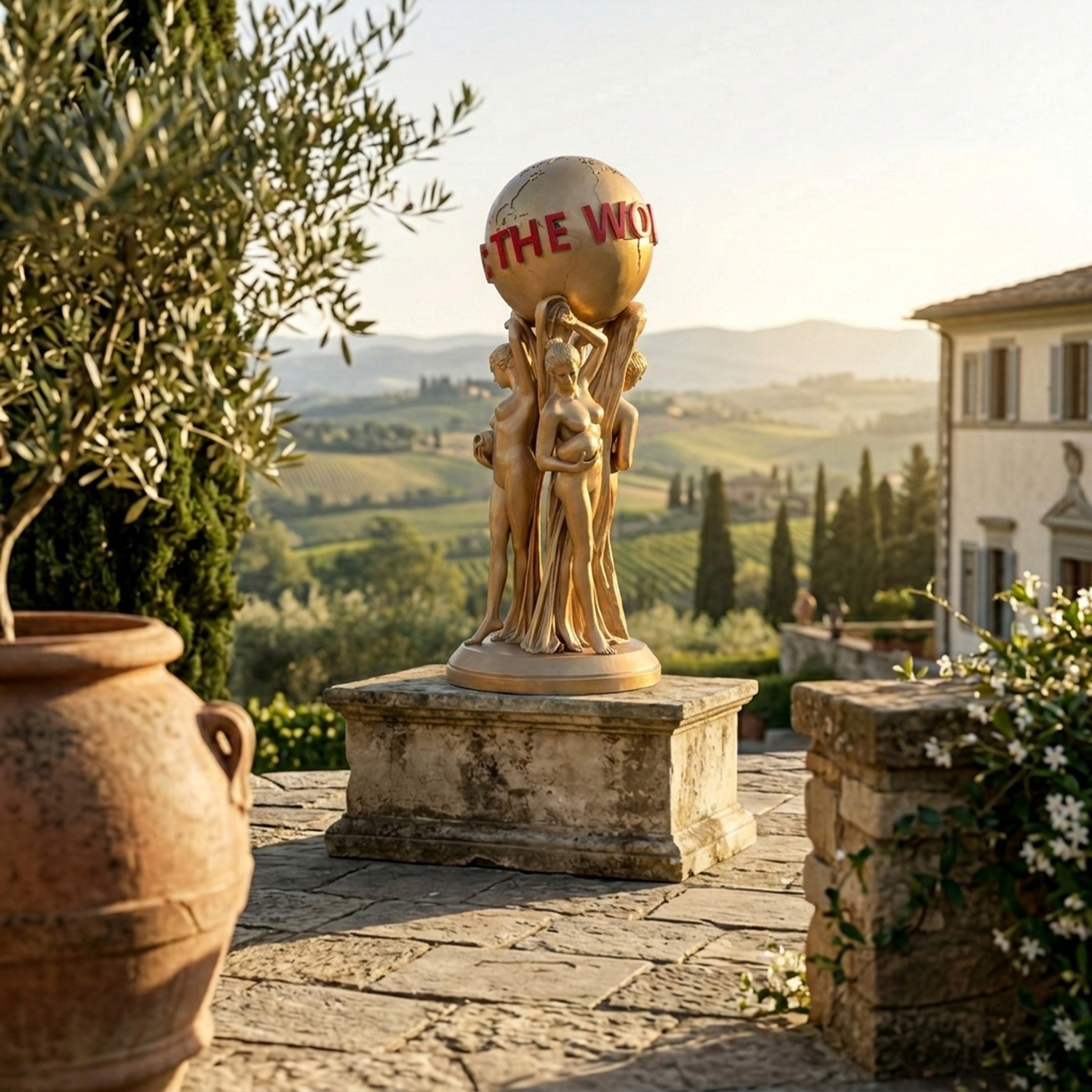 Monumental Classical Three Goddesses and Globe Bronze Sculpture by Giant Sculptures, gold-finished figures holding a globe marked THE WORLD, on a Tuscan terrace.