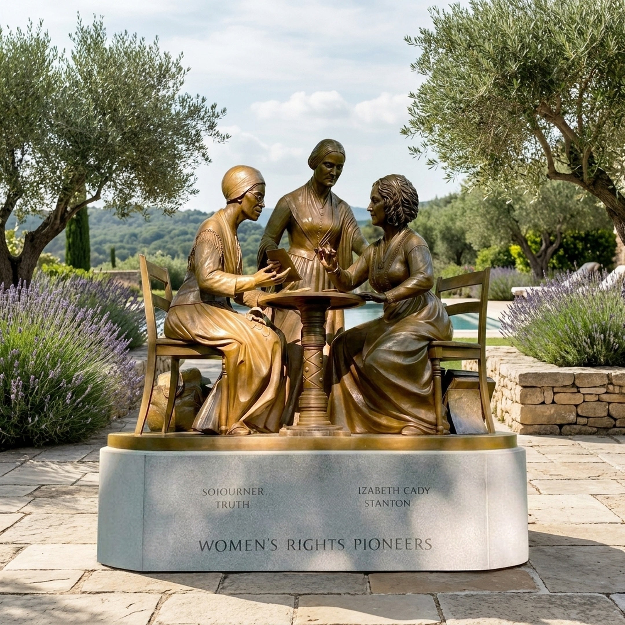 Monumental Classical Three Seated Figures Bronze Sculpture by Giant Sculptures, golden-brown patina, on engraved granite plinth in a lavender garden.