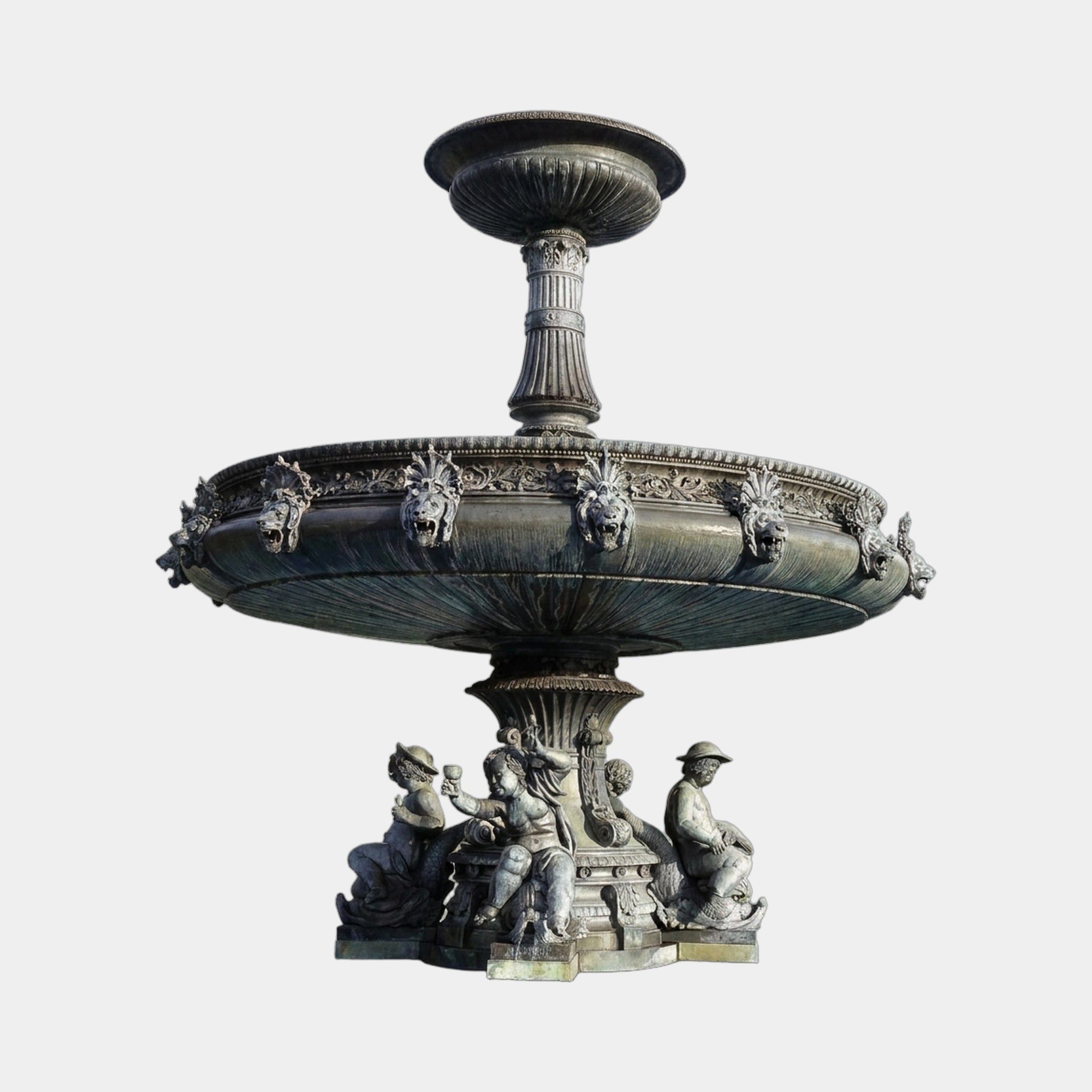 Giant Sculptures Monumental Classical Tiered Figurative Bronze Fountain, 450cm, with lion-head spouts, cherub base figures, and verdigris patina on a plain background.