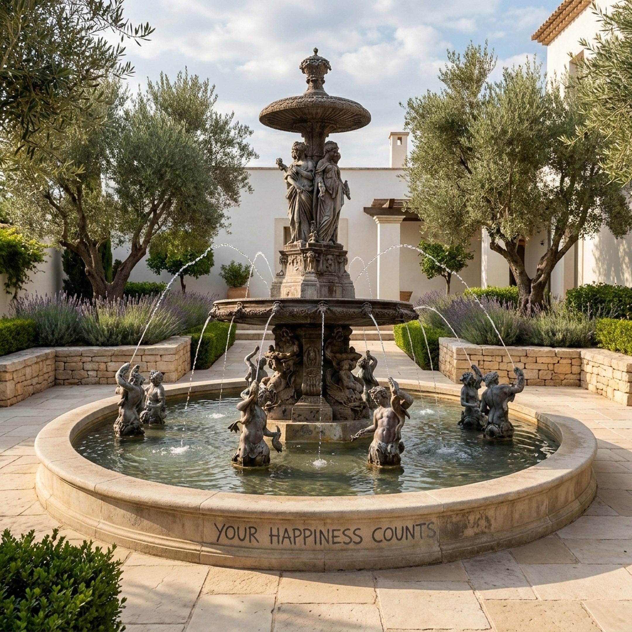 Monumental Classical Tiered Bronze Fountain by Giant Sculptures in a Mediterranean courtyard, with triton figures spouting water beneath classical female figures and an orb finial.