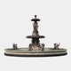 Monumental Classical Tiered Bronze Fountain by Giant Sculptures with triton figures, classical female statues, scalloped basins, and oval pool on a plain background.