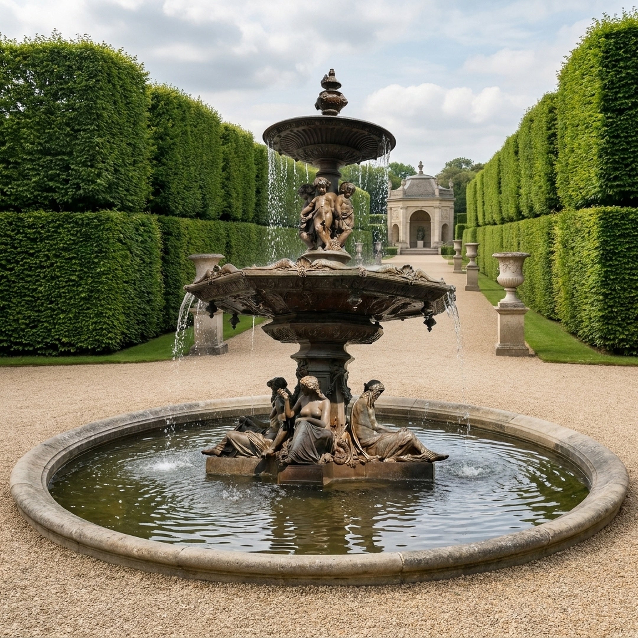 Giant Sculptures Monumental Classical Tiered Bronze Fountain with reclining maidens, cherubs, and cascading water, set in a formal hedged garden pathway.