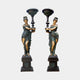 Monumental Classical Torch-Bearer Goddess Bronze Sculpture by Giant Sculptures, mirrored pair of draped 230cm figures with verdigris and gold patina on pedestals.
