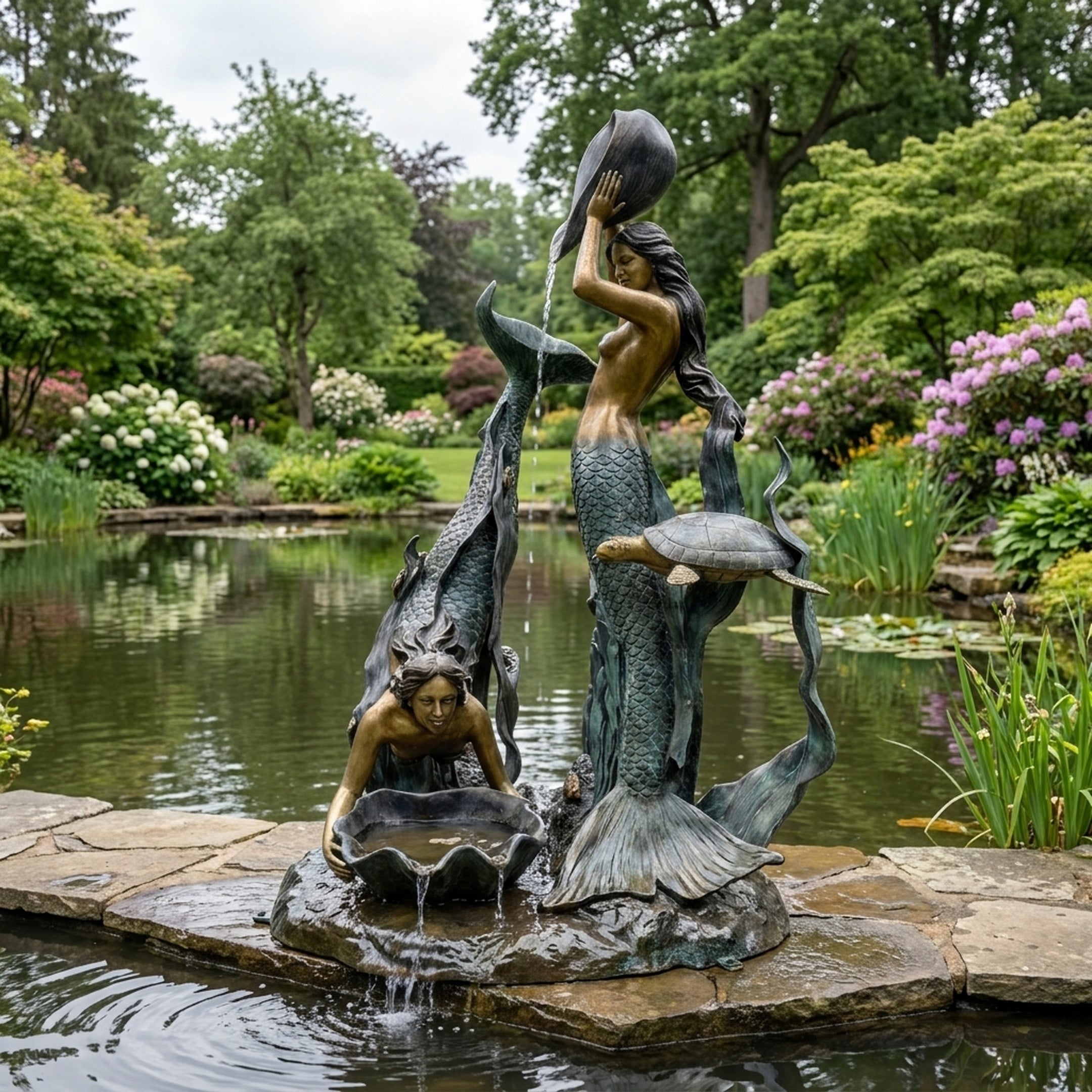 Giant Sculptures Monumental Classical Two Mermaids and Dolphin Bronze Fountain in two-tone gold and verdigris patina, installed on stone beside a lush garden pond.