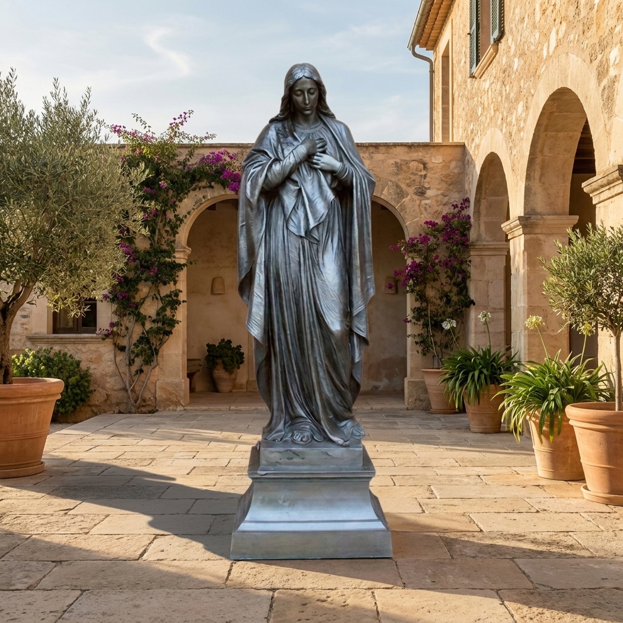 Giant Sculptures Monumental Classical Virgin Mary Bronze Statue 300cm with dark grey-green patina on a stepped plinth in a sunlit Mediterranean stone courtyard.