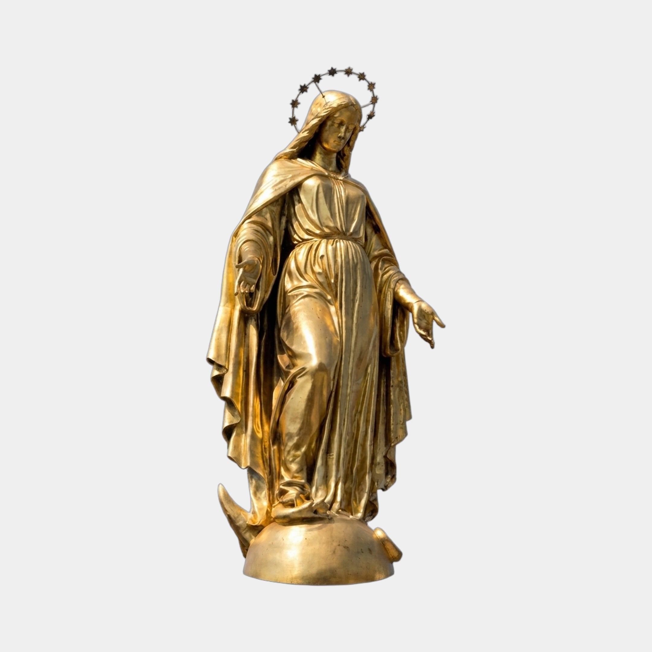 Monumental Classical Virgin Mary Bronze Statue by Giant Sculptures in warm gold patina, arms extended in welcome, crescent moon and starry halo, on a plain background.