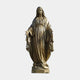 Monumental Classical Virgin Mary Bronze Statue, 300cm, open-armed benediction pose with flowing robes, gold-toned finish, standing on a serpent atop a plain base, light grey background.