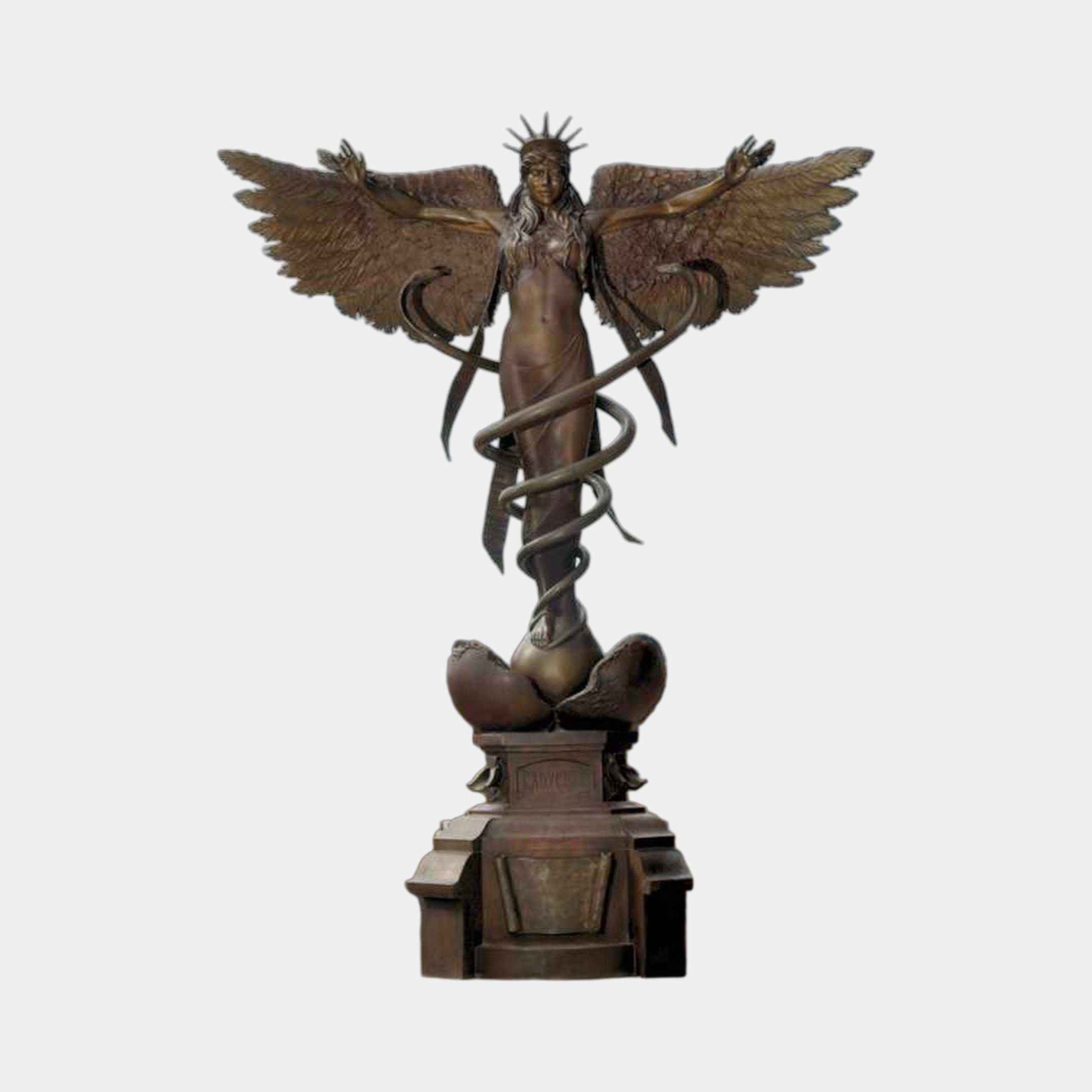 Monumental Classical Winged Angel and Caduceus Bronze Sculpture by Giant Sculptures, 300cm crowned figure with outstretched wings on a tiered pedestal.