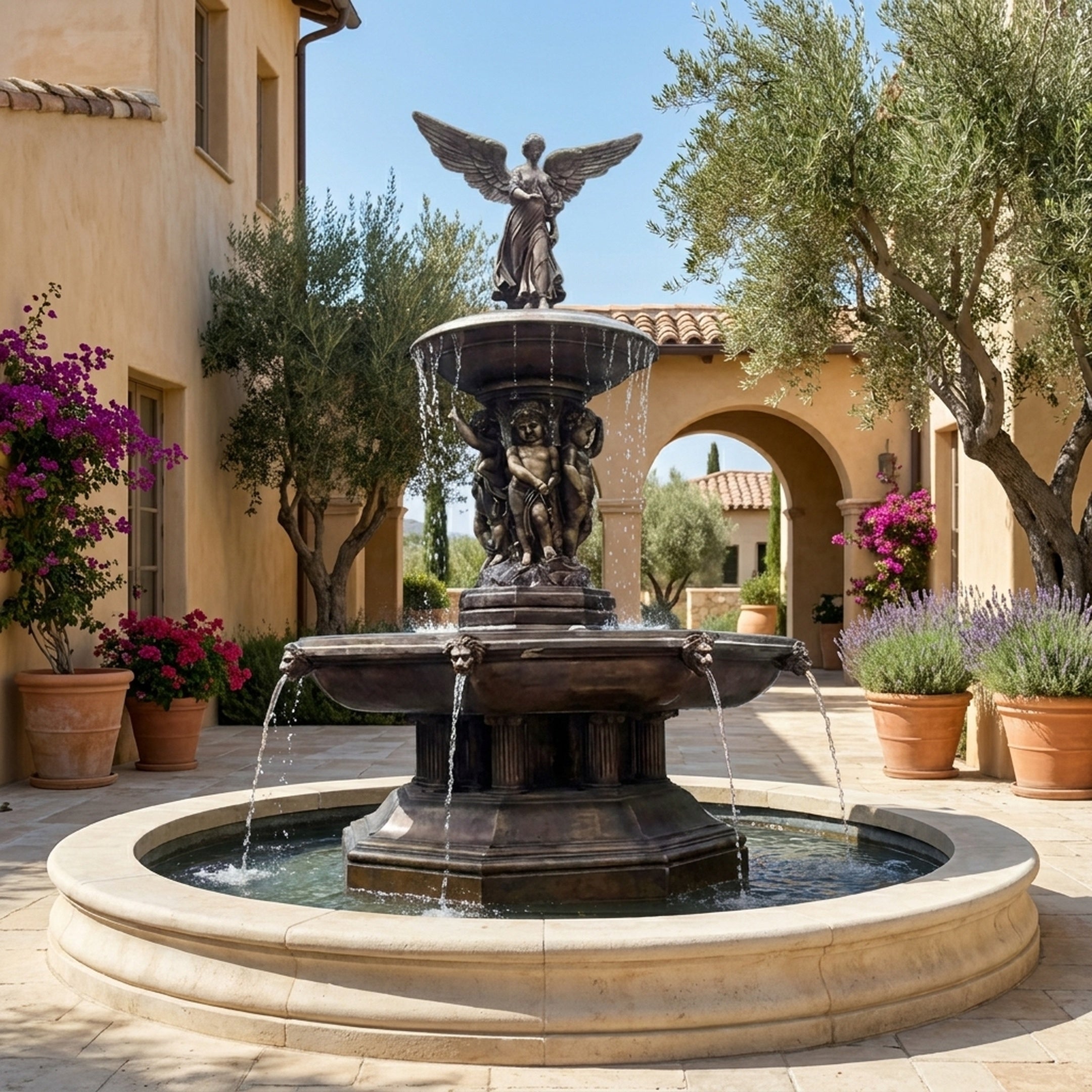 Monumental Classical Winged Angel and Cherub Fountain by Giant Sculptures, 320cm bronze tiered fountain with lion-mask spouts in a Mediterranean courtyard.
