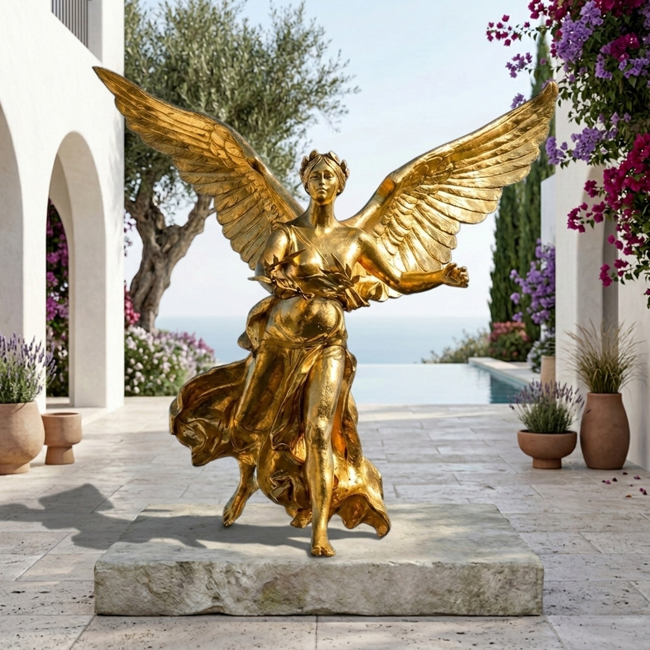 Monumental Classical Winged Angel Bronze Sculpture in gilded gold by Giant Sculptures, wings outstretched on a stone plinth beside a Mediterranean poolside terrace.