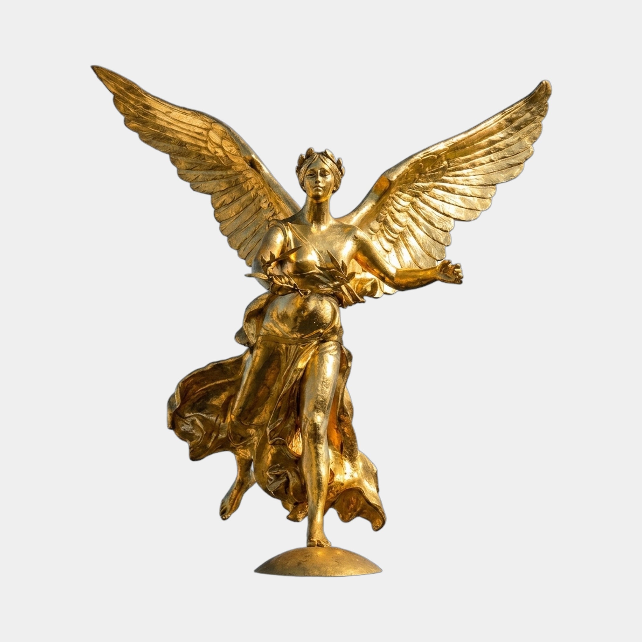 Monumental Classical Winged Angel Bronze Sculpture in gilded gold by Giant Sculptures, wings fully spread, arm extended, on a small round base.