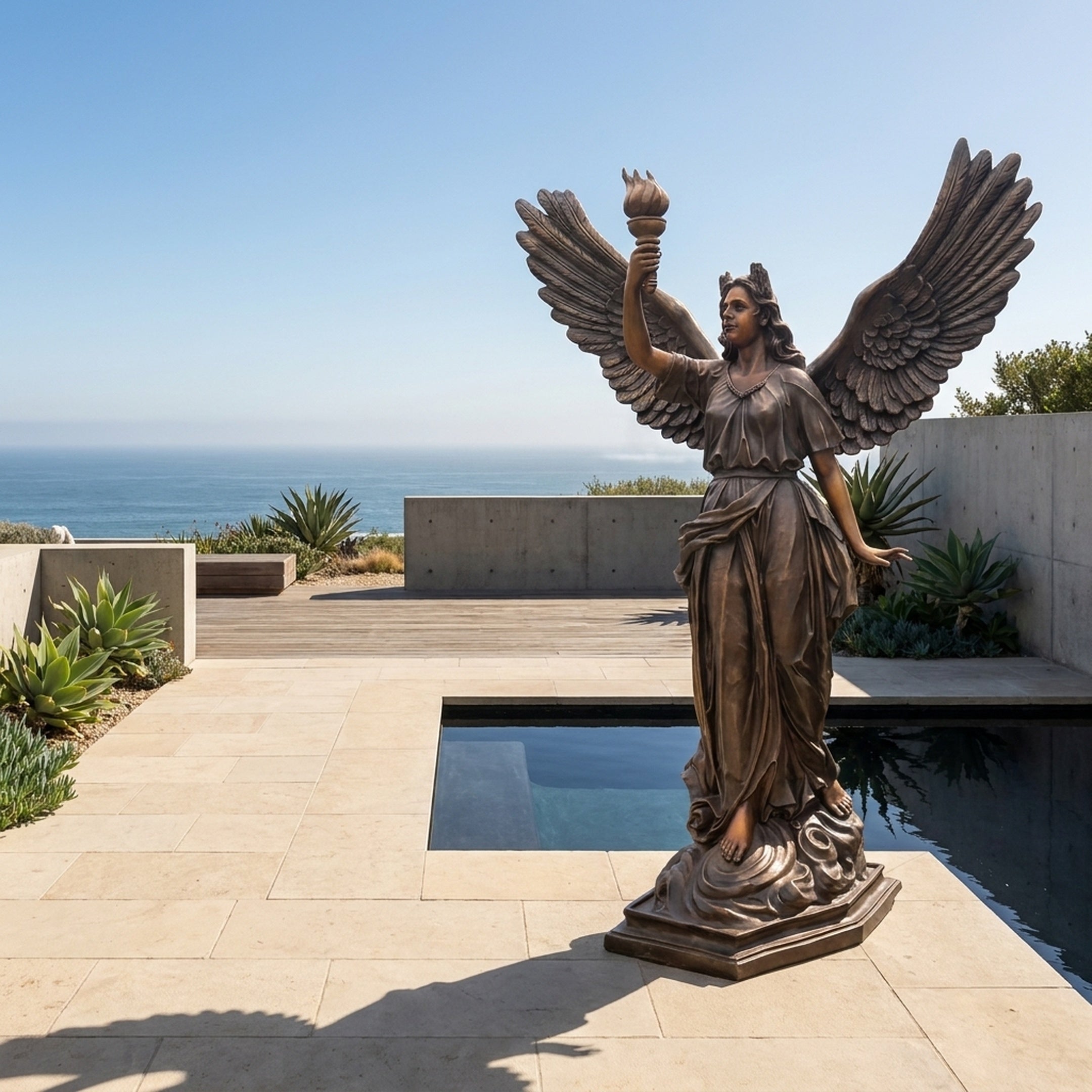 Giant Sculptures Monumental Classical Winged Angel Bronze Sculpture 300cm with raised torch and spread wings, set beside a reflecting pool overlooking the ocean.