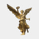 Monumental Classical Winged Angel Holding Wreath Bronze Sculpture by Giant Sculptures in gilt gold, wings outstretched, right arm raised with laurel wreath, on plain background.