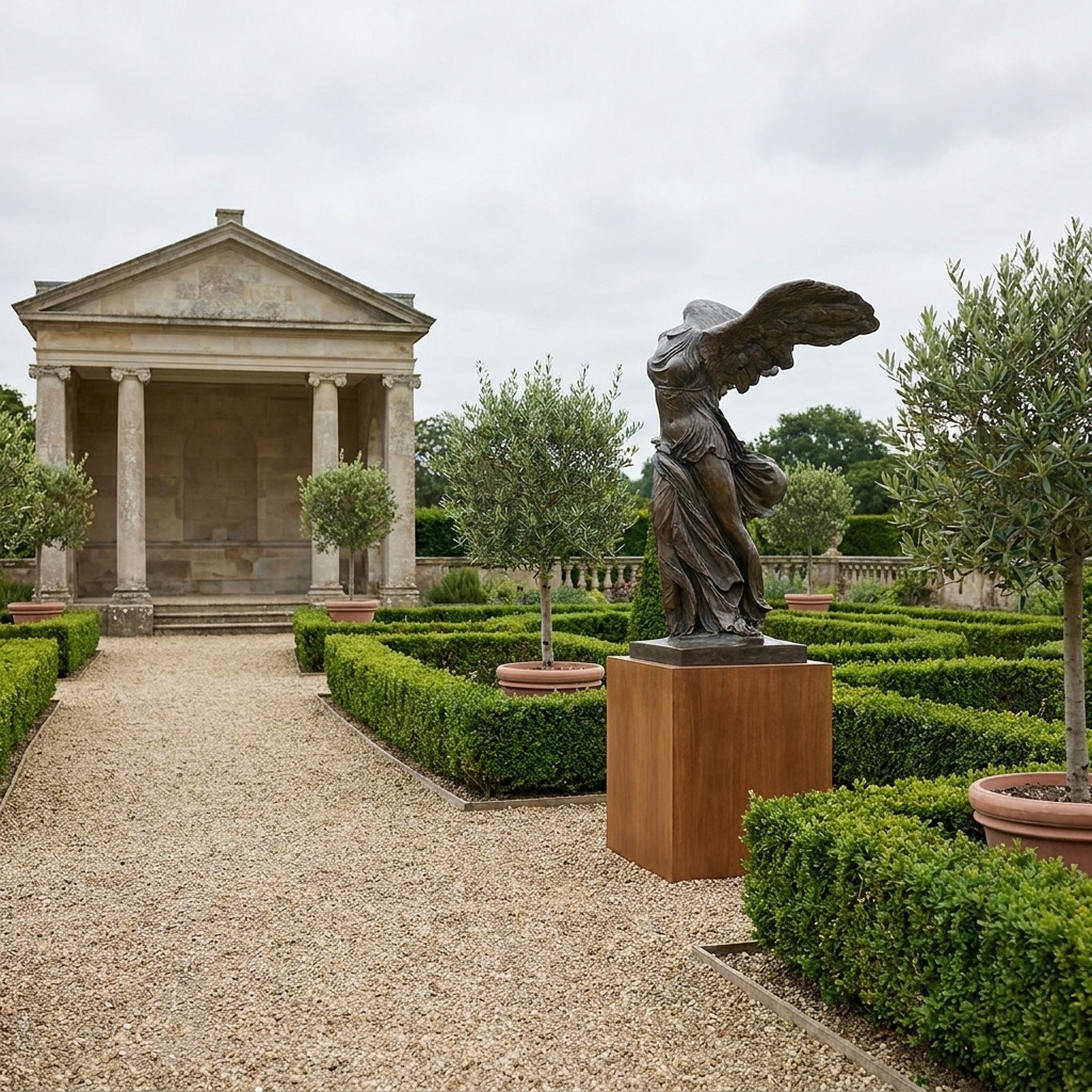 Monumental Classical Winged Goddess Bronze Sculpture by Giant Sculptures on a wooden plinth in a formal box hedge garden beside a columned stone pavilion.