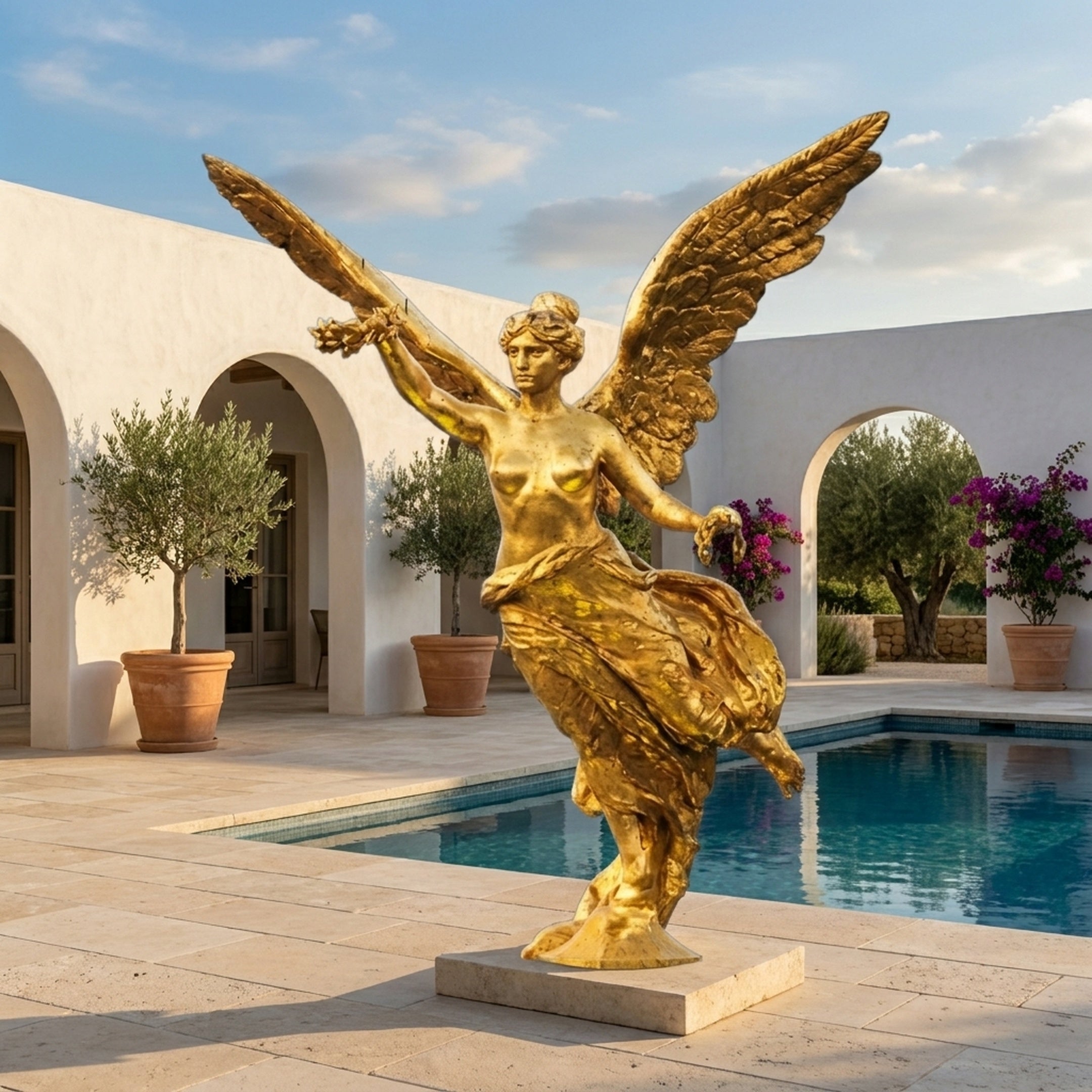 Monumental Classical Winged Victory Angel Bronze Sculpture in polished gold finish by Giant Sculptures, displayed beside a pool in a white-arched courtyard.