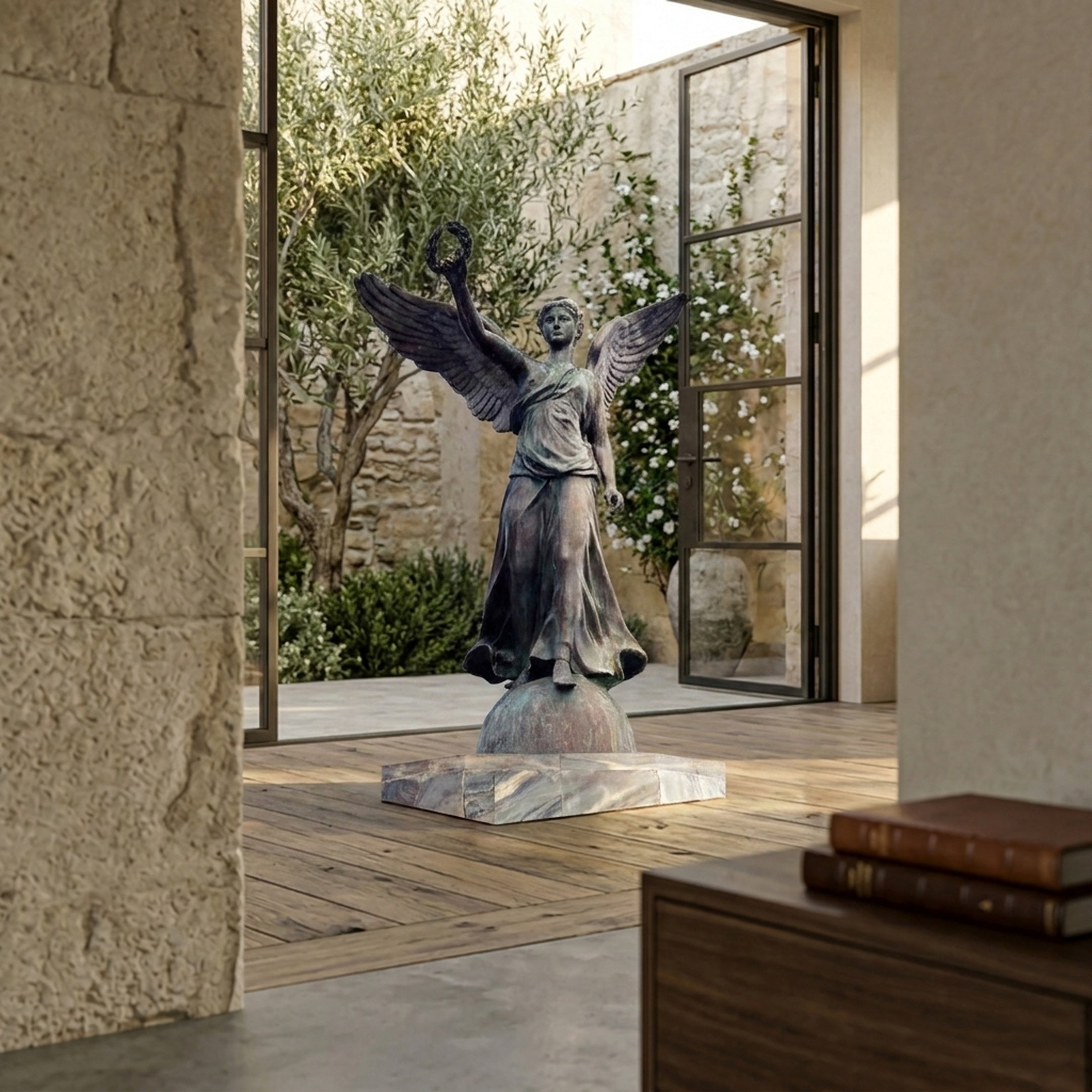 Monumental Classical Winged Victory Angel Bronze Sculpture by Giant Sculptures on a stone base in a sunlit entryway near open glass doors to a courtyard.