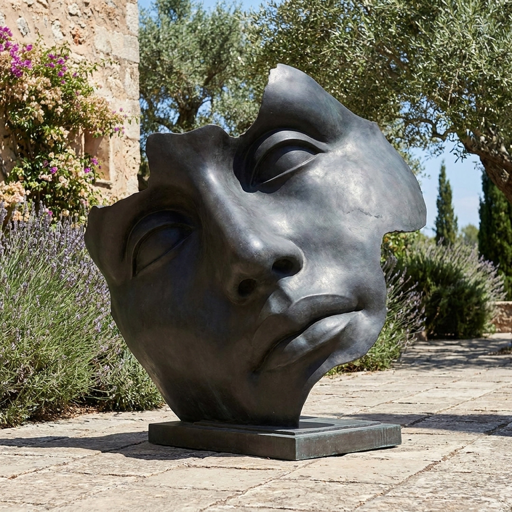 Monumental Contemporary Abstract Face Fragment Bronze Sculpture by Giant Sculptures on a stone terrace beside lavender, olive trees, and a weathered wall.
