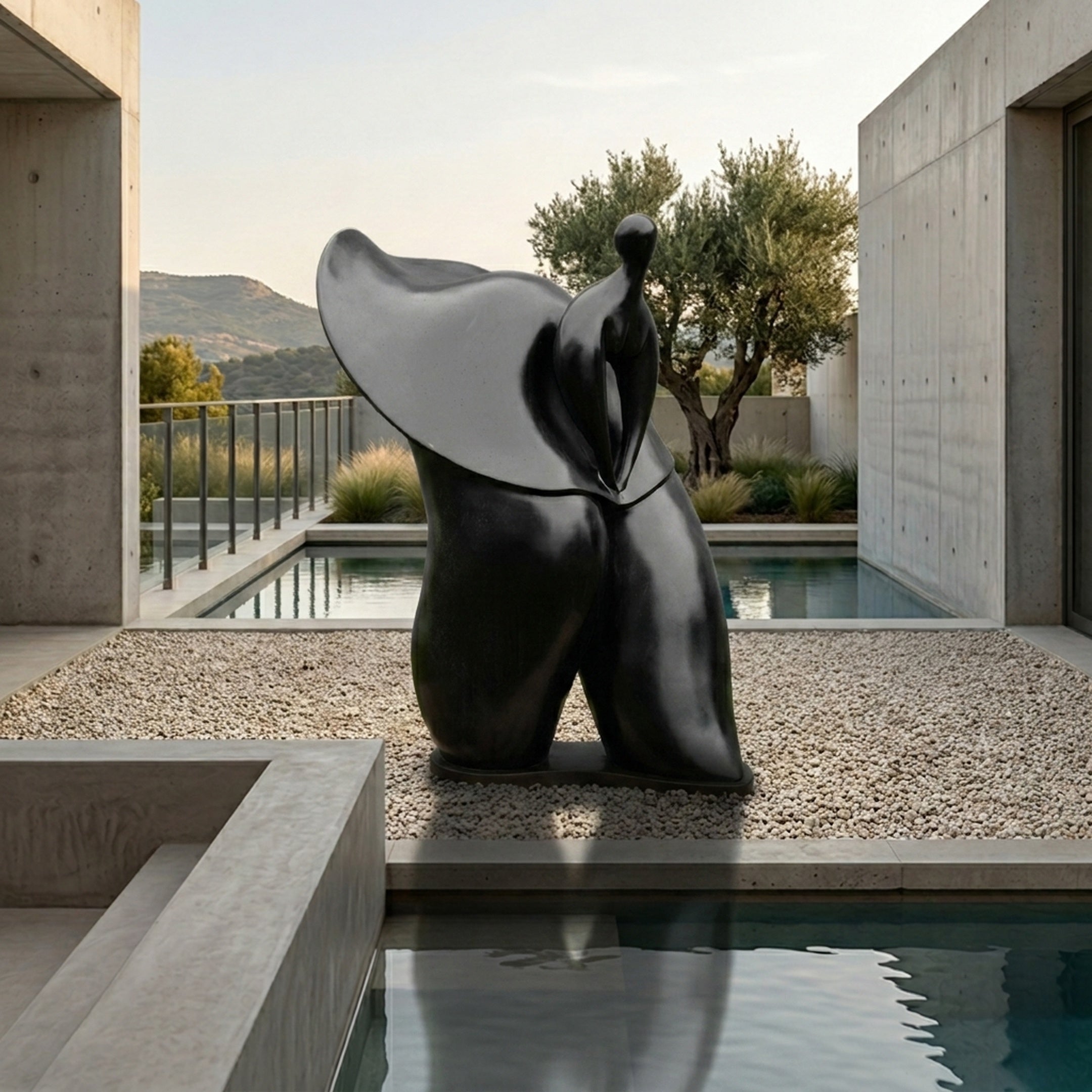 Giant Sculptures' 220cm Monumental Contemporary Abstract Female Figure Bronze Sculpture in black patina, displayed on gravel between concrete pools with olive trees beyond.