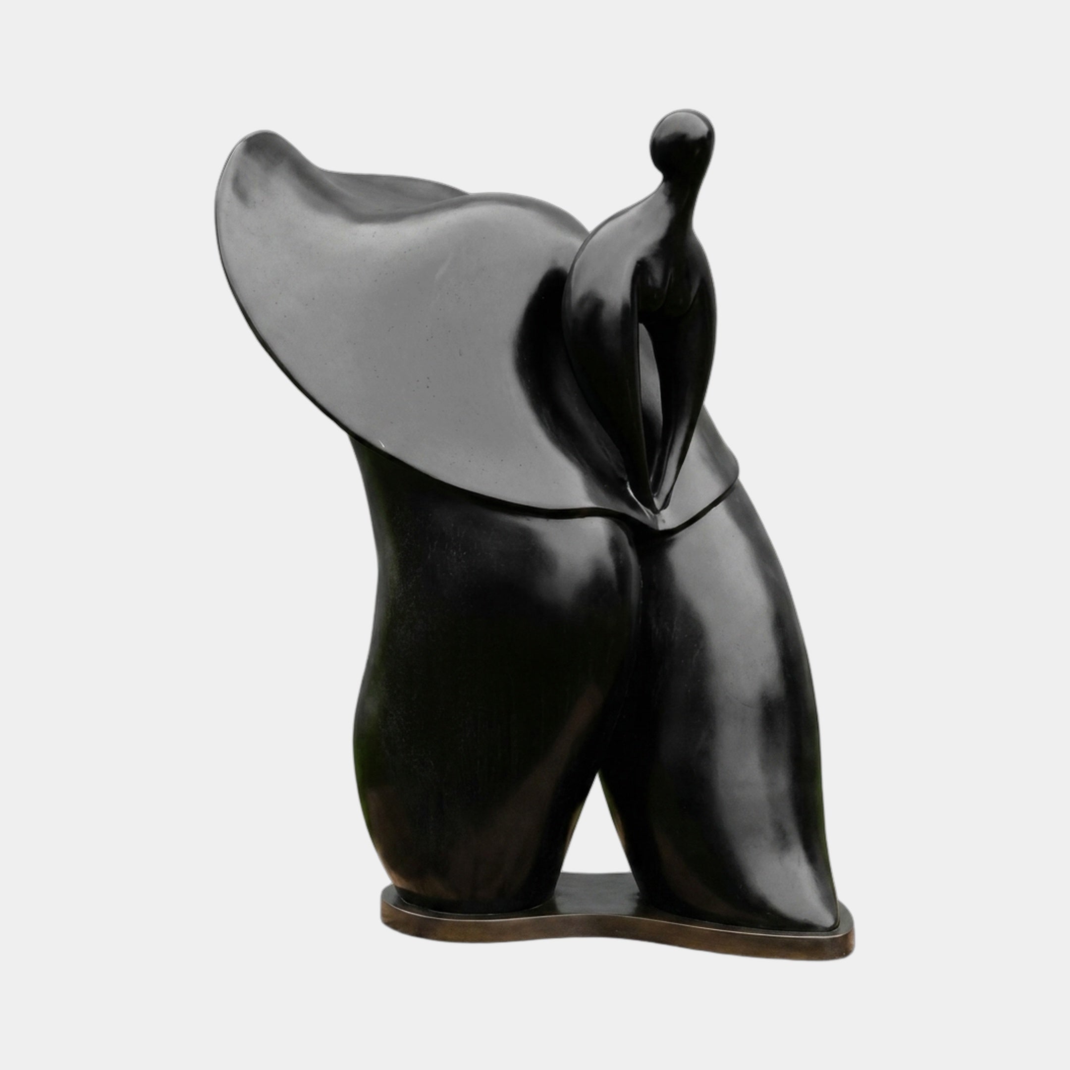 Monumental Contemporary Abstract Female Figure Bronze Sculpture by Giant Sculptures in black patina, with wide sweeping hat-like form, shown on a plain background.