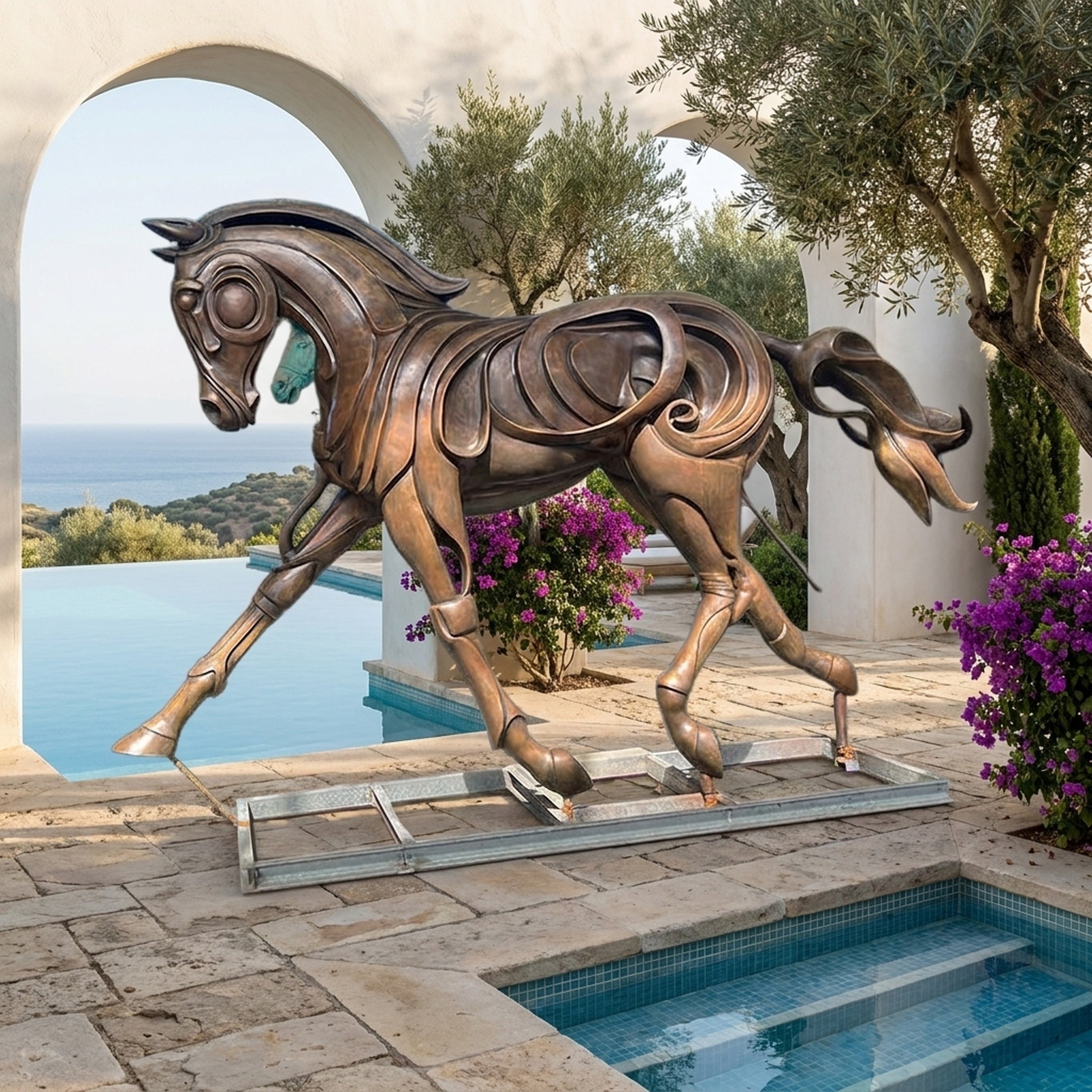 Monumental Contemporary Abstract Trotting Horse Bronze Sculpture by Giant Sculptures in warm brown patina, displayed on a poolside terrace with sea view.