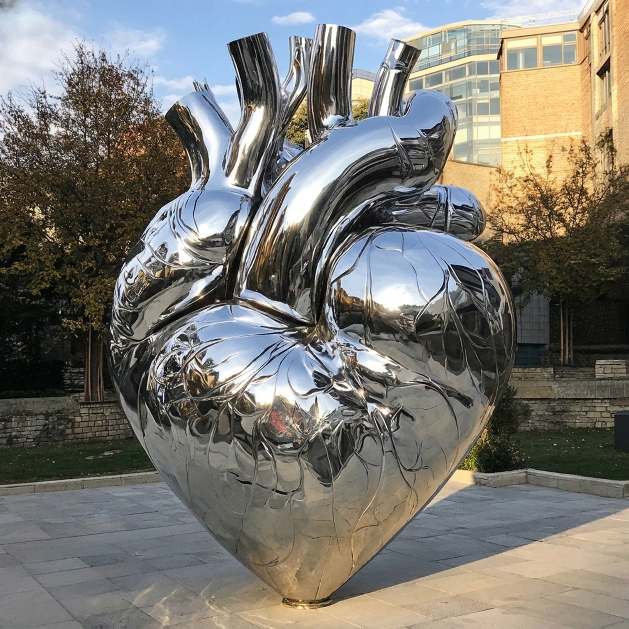 Monumental Contemporary Anatomical Heart Bronze Sculpture by Giant Sculptures in mirror-polished metal, displayed on a paved plaza with trees and buildings behind.