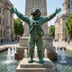 Monumental Contemporary Astronaut Bronze Sculpture by Giant Sculptures, 800cm verdigris figure with arms outstretched on a plinth above a fountain in a plaza.