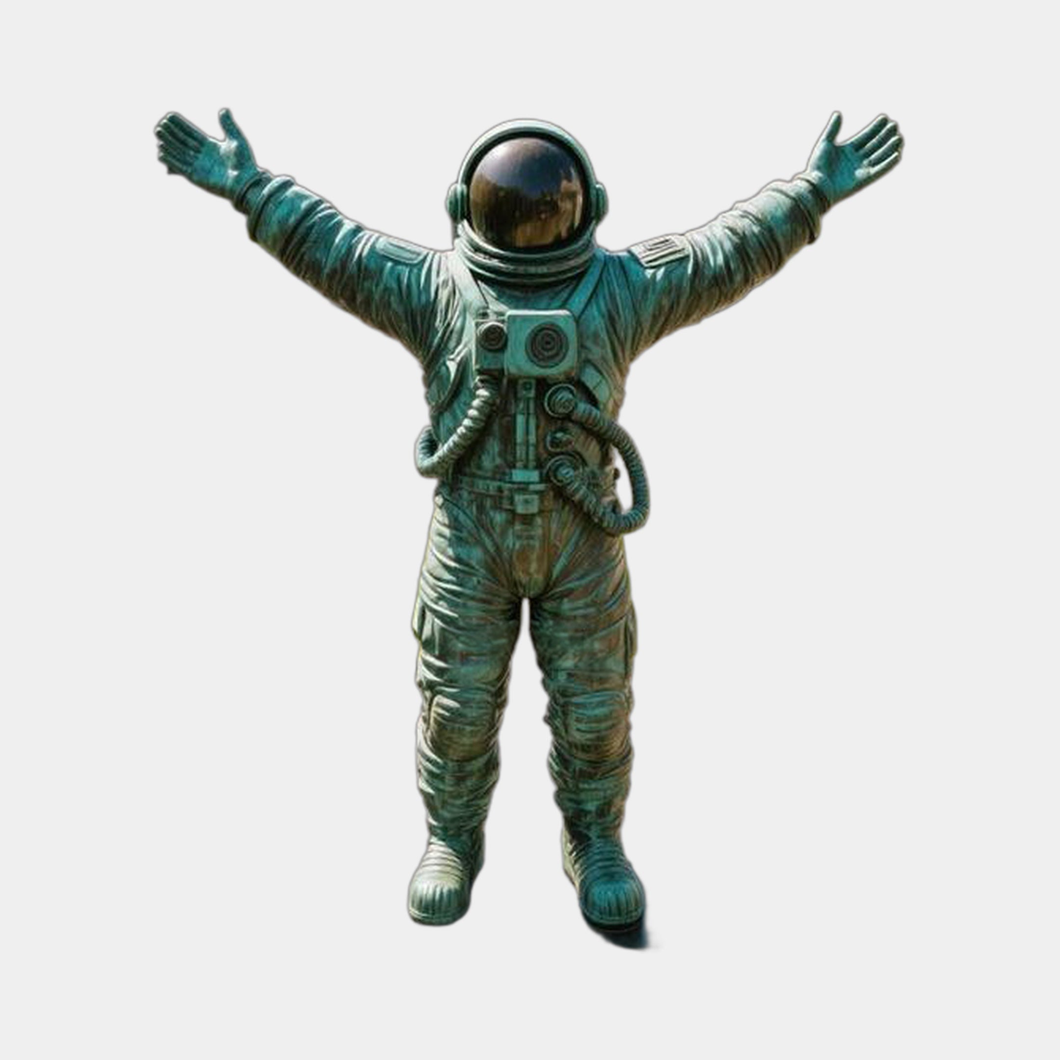 Monumental Contemporary Astronaut Bronze Sculpture by Giant Sculptures, 800cm tall with verdigris patina, arms outstretched and gold-tinted visor, on a plain background.
