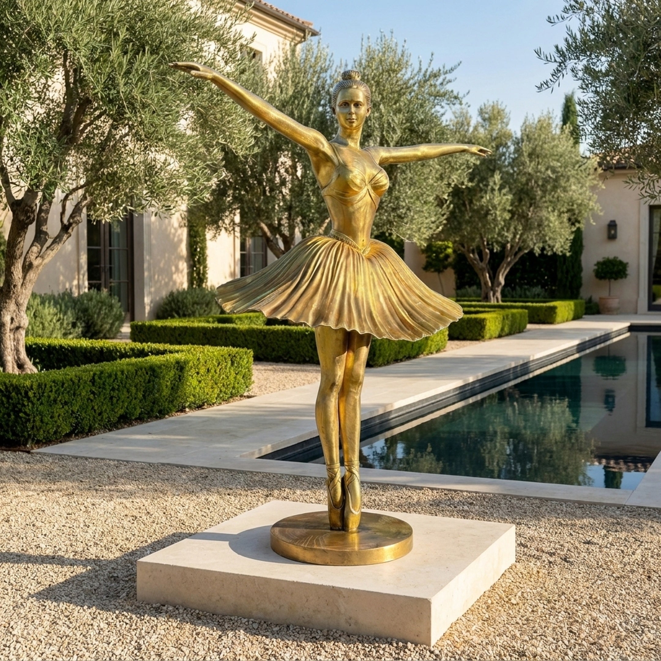 Monumental Contemporary Ballerina Dancer Bronze Sculpture by Giant Sculptures in polished gold, arms outstretched on a circular base beside a poolside garden.
