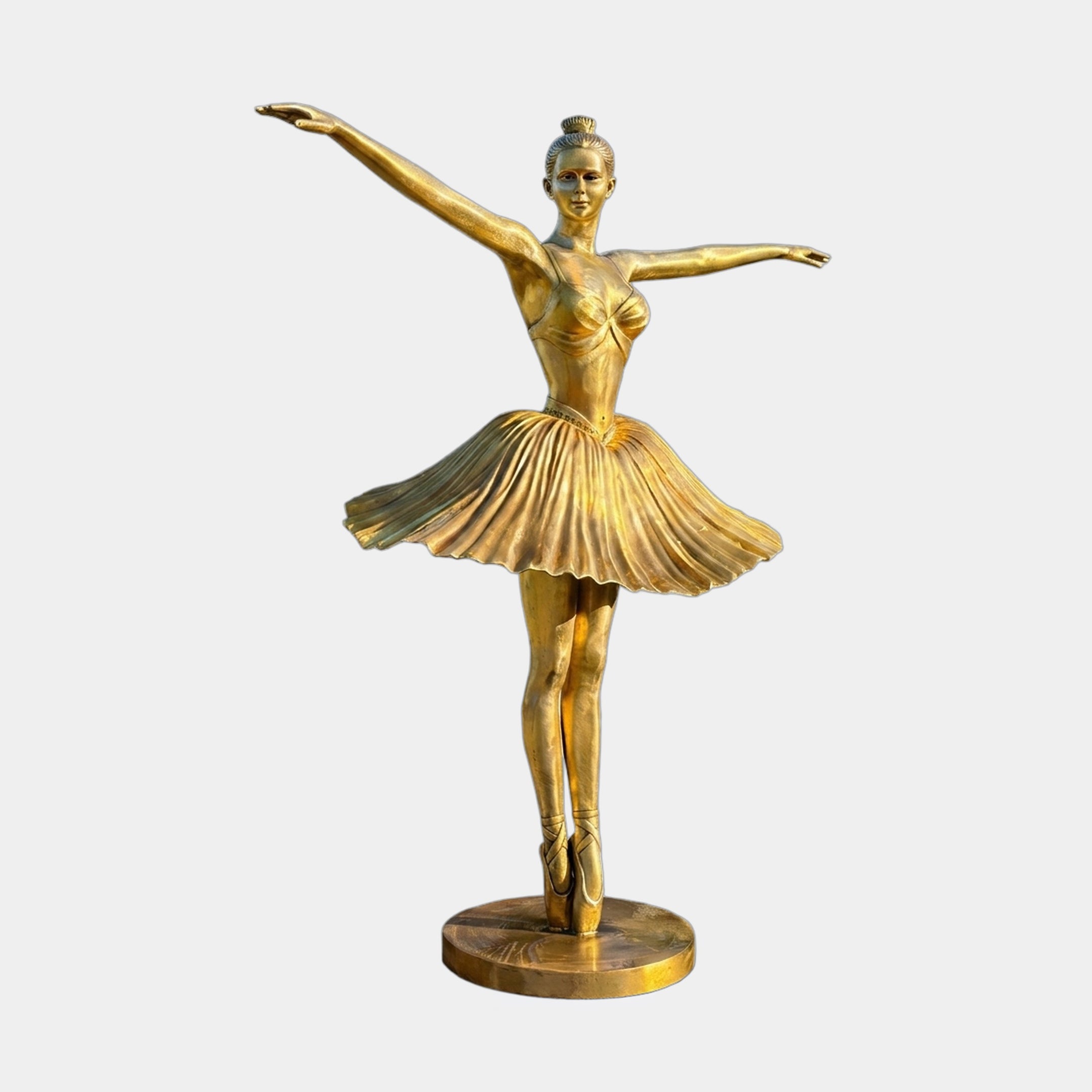 Monumental Contemporary Ballerina Dancer Bronze Sculpture by Giant Sculptures in polished gold, posed on pointe with arms outstretched, on a circular base.